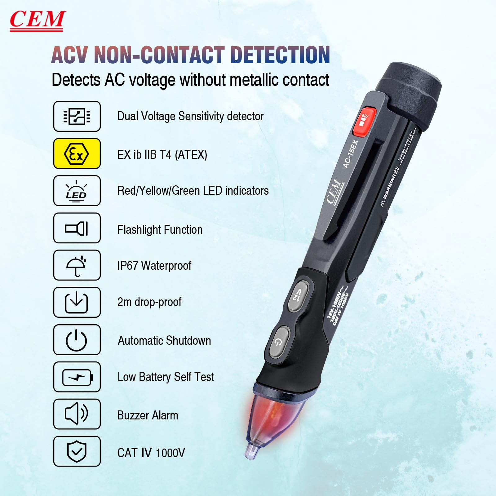 CEM AC-15EX Voltage Tester,Non-Contact Volt Tester, with Dual Range AC 12V-1000V/100V-1000V, Live/Null Wire Tester, Buzzer Alarm, Wire Breakpoint Finder, Flashlight, Ex ib IIB T4 (ATEX) — Amazon image 2