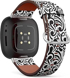 CJBROES Replacement Leather Watch Band, Compatible with Fitbit Versa 3 and Fitbit Sense of Wristband Bracelet Accessory - Doodle Monochrome Floral