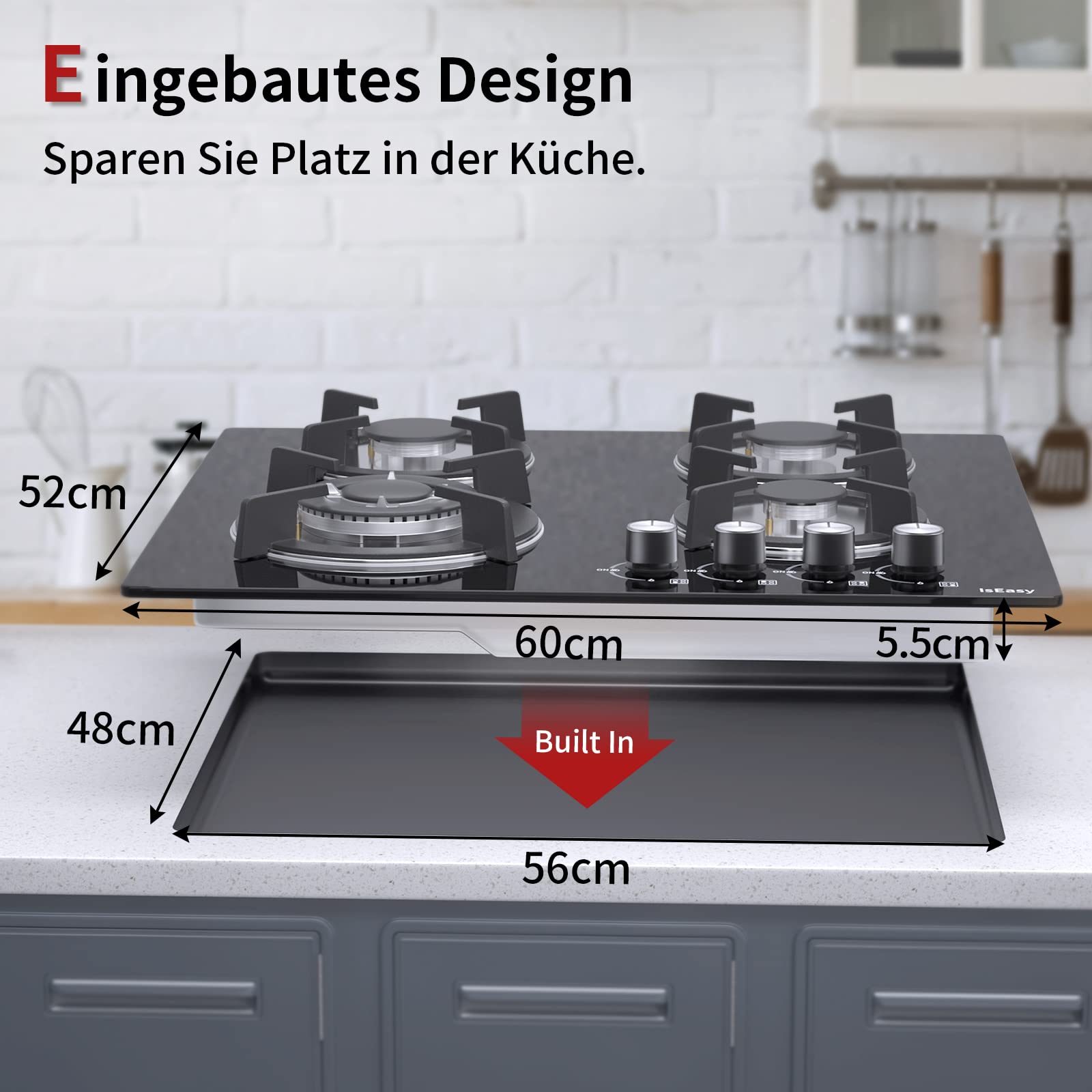 IsEasy Gaskochfeld 4 Flammig, 60cm, 7800W, Erdgas/Propangas, Schwarz, Thermoelementschutz