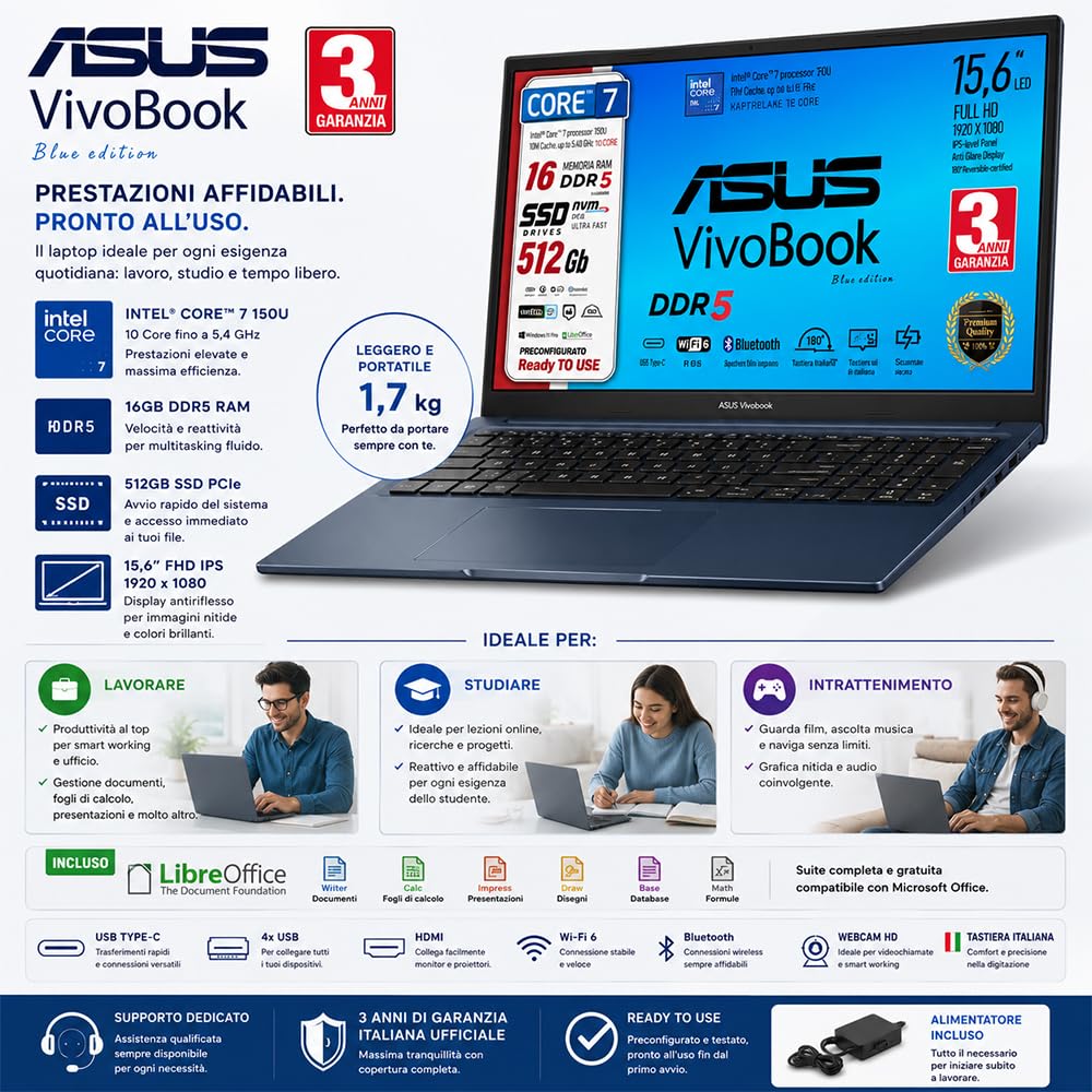 ASUS Computer portatile, Intel i7, SSD pci 512 Gb, 15,6" Ips FHD Ready to Use