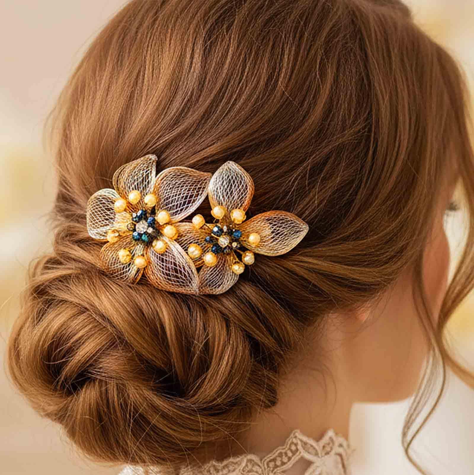 Amazon.com : Yokawe Crystal Flower Hair Clip, Gold Mesh Design