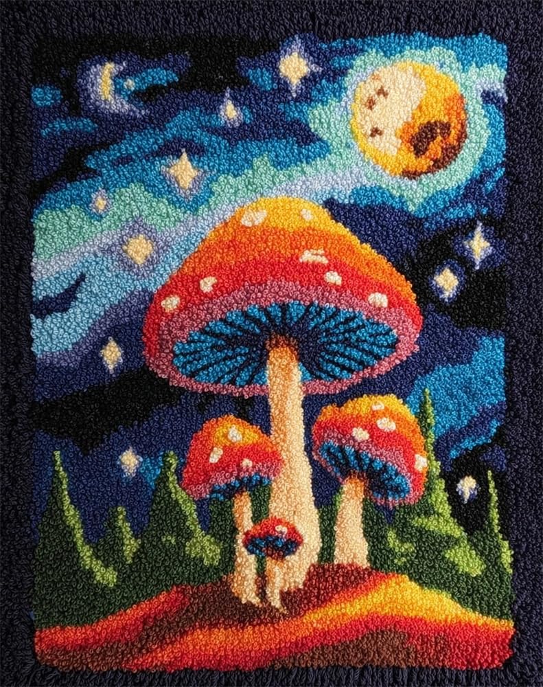 FWRTYCB Latch Hook Kit for Adults and Beginners -Starry Night Mushroom DIY Tapestry Rug Making with Printed Patterns,20X15Inch Canvas Yarn for Home Décor