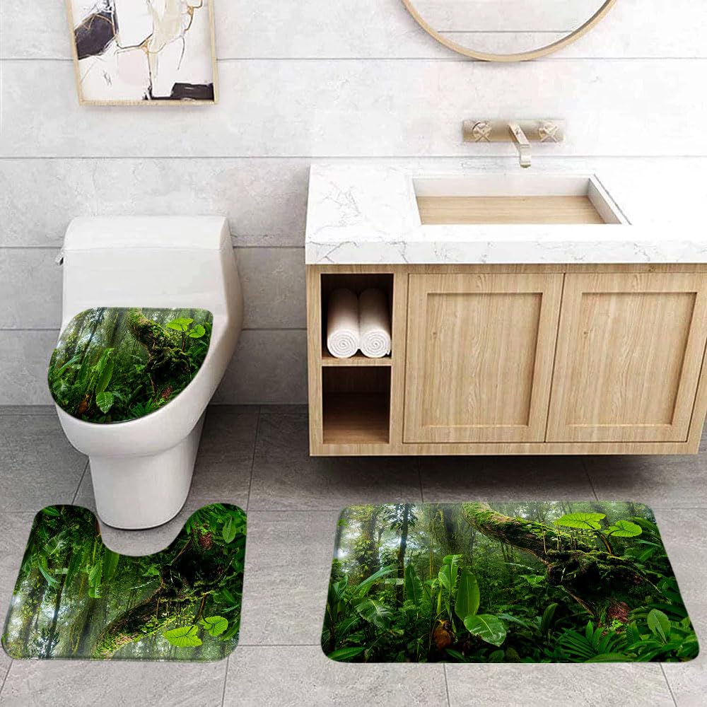 Tropical Rainforest 3 Pcs Bath Rugs Set,Green Palm Leaves Jungle Plnat Nature Landscape Lush Tree Forest Botanical Bathroom Kitchen Rug with 16