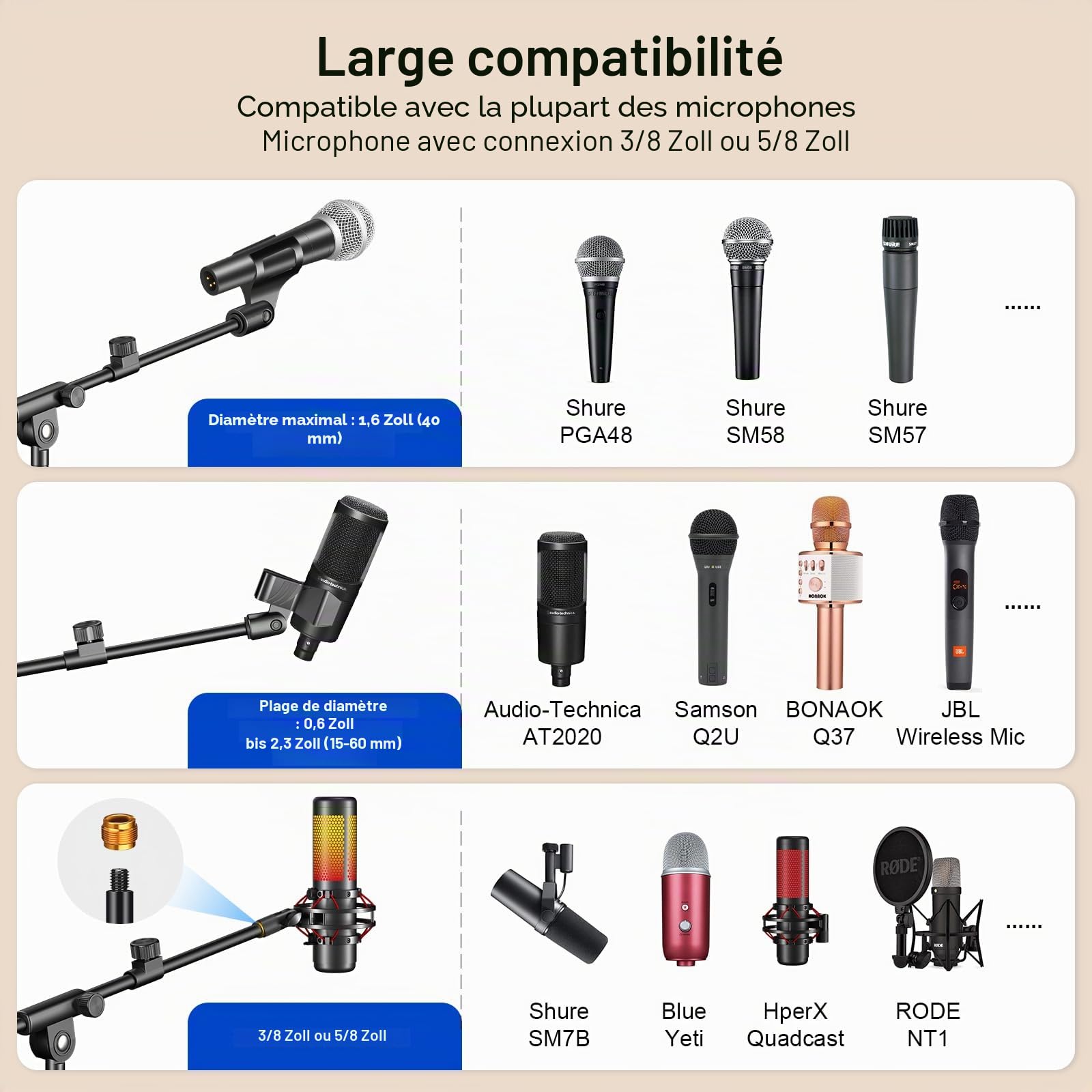 Support de micro, trépied avec perche réglable en hauteur, robuste avec sac de transport, 2 clips de micro de 0,95 cm à 1,6 cm, adaptateur pour baladodiffusion chantante pour Blue Yeti Shure