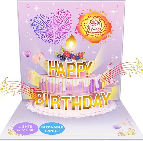 FITMITE Tarjetas de cumpleaños, tarjeta musical desplegable de feliz cumpleaños con vela ligera y soplable, regalos de cumpleaños para mujeres,