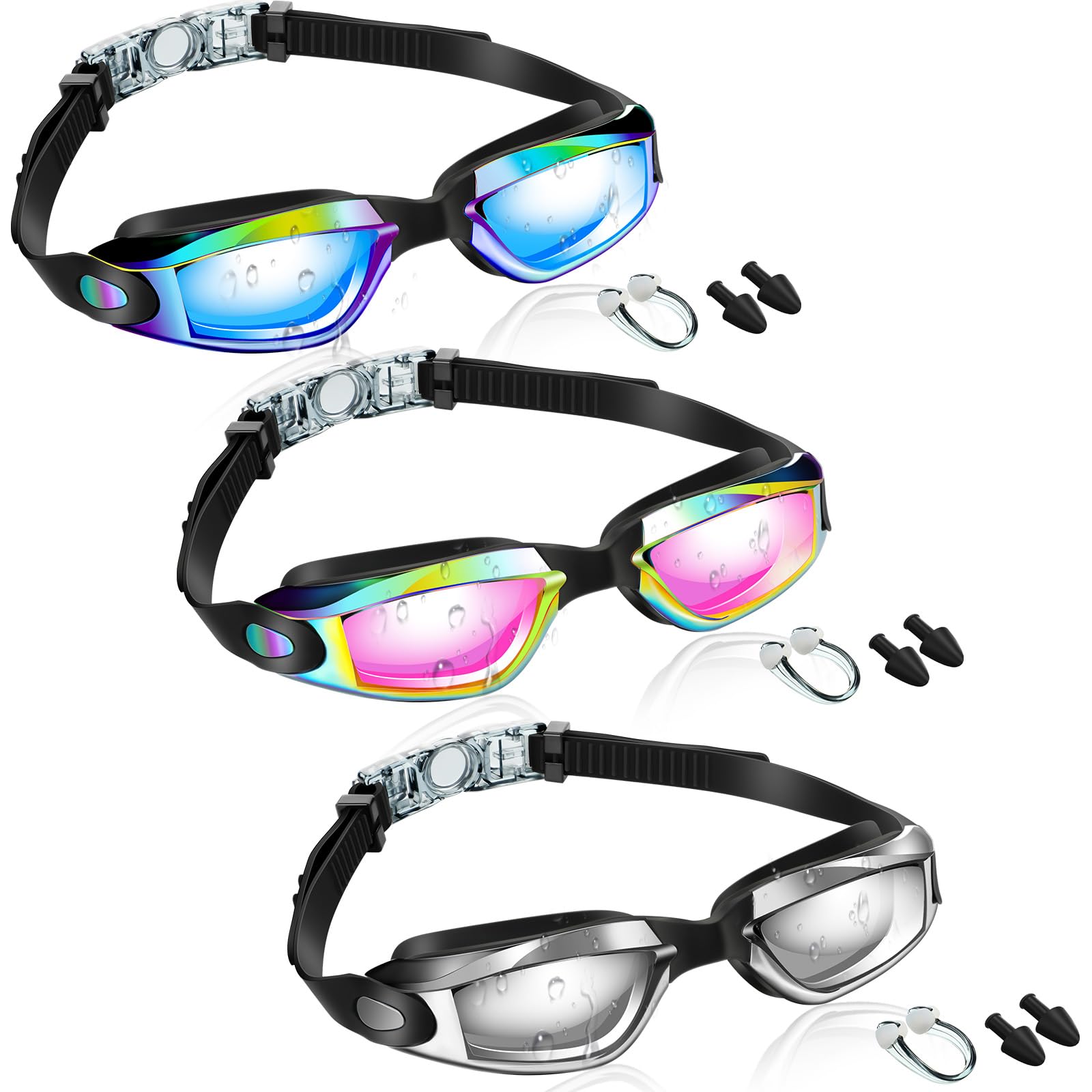 Flutesan Schwimmbrille aus Silikon, verstellbar, beschlagfrei, mit Nasenklammer und Ohrstöpseln für Erwachsene, Herren, Damen, Jugendliche, Wasserpool, Schwimmen, 3 Farben (stilvolle Farbe), 3 Stück