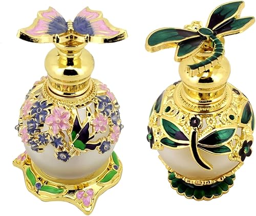 2 botellas de perfume de vidrio recargables vintage, diseño de mariposa, libélula y flor, botella vacía de aceite esencial, frascos de perfume para