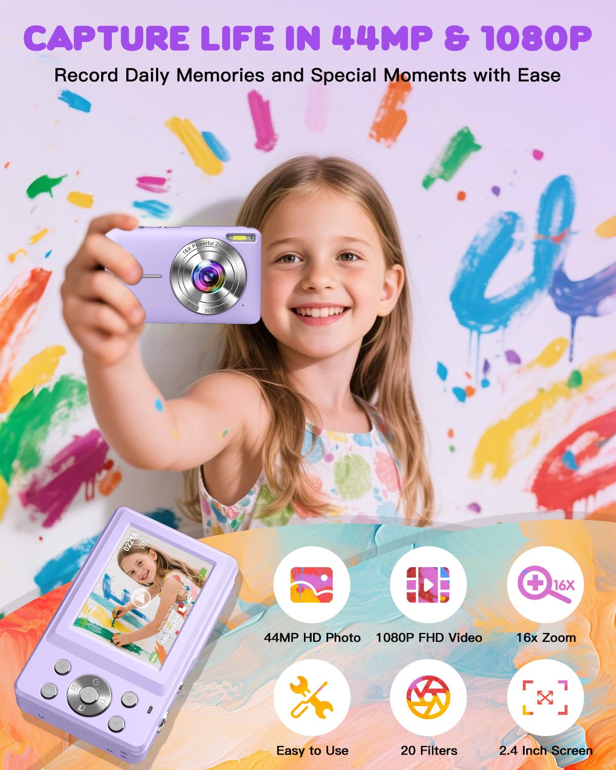 Fotocamera digitale 1080P 44MP, schermo LCD da 2,4 pollici, zoom digitale 16X, funzione selfie e autoscatto, compatta e portatile ideale per vlog, bambini, adolescenti e principianti