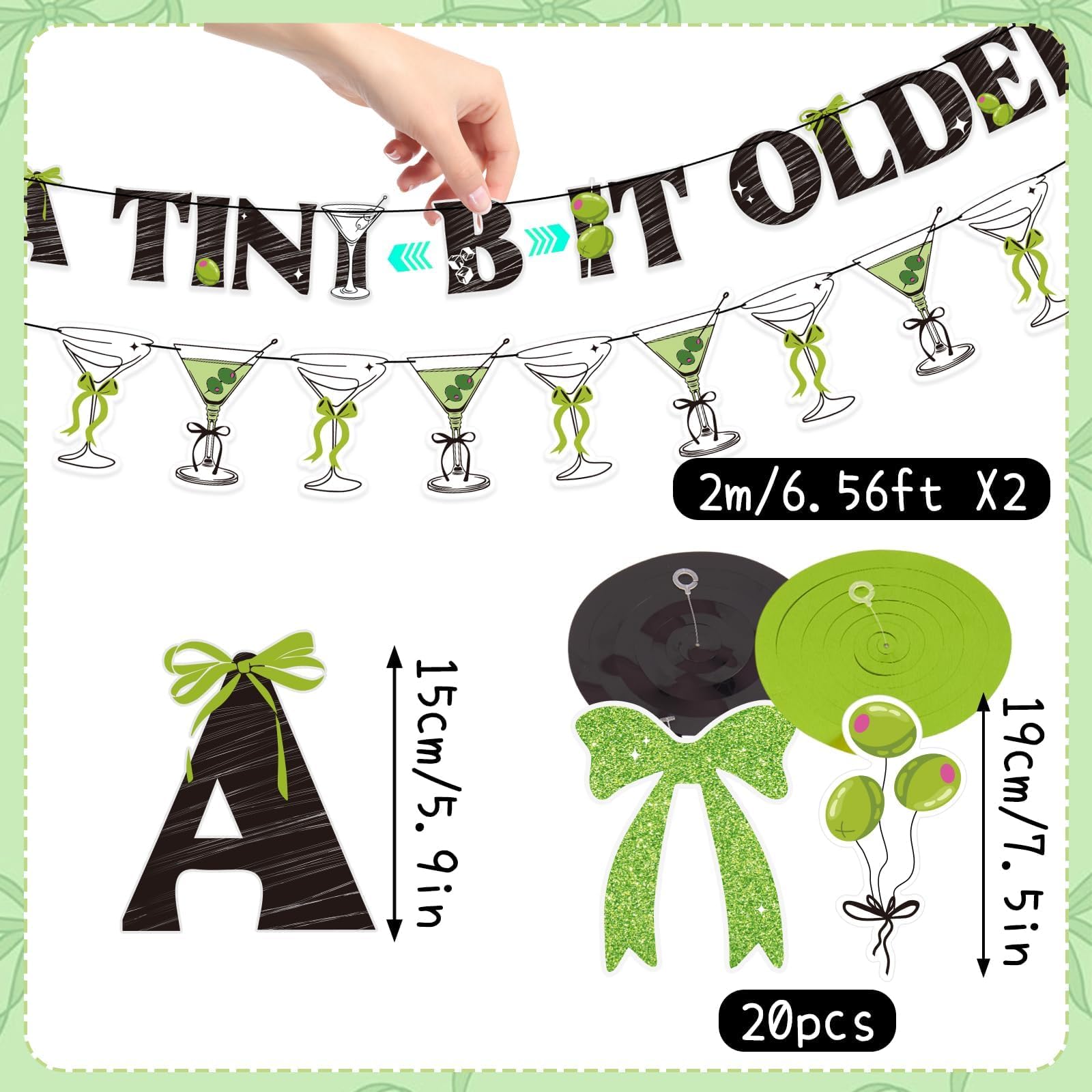 PAPER JAZZ 42PCS A Tini Bit Older Birthday Banner with Hanging Swirls Bow Decorations Olive Green Martini Party Decorations for Women, Coffee Party, Summer Birthday Party.