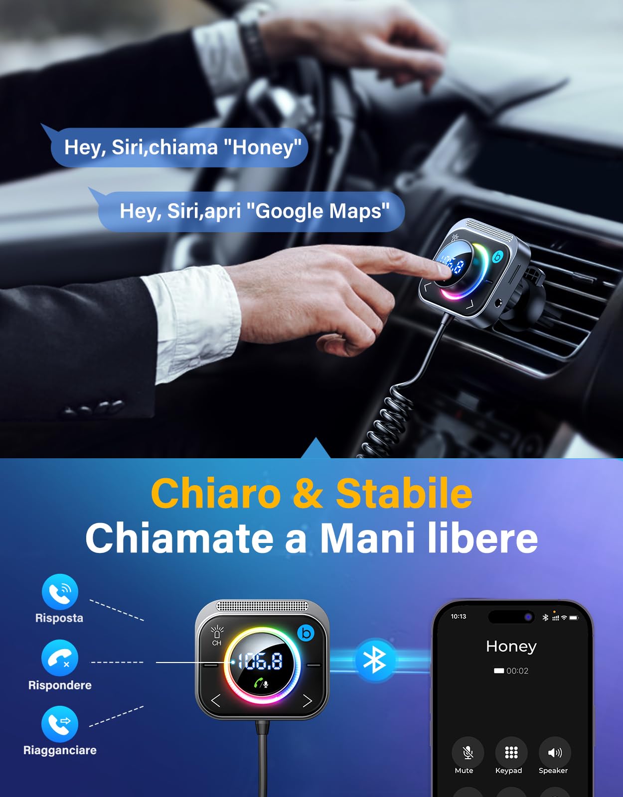 JOYROOM 96W Trasmettitore Bluetooth per Auto,【60W PD & Dual 18W QC】【Bassi & Hi-Fi Stereo】Bluetooth 5.4 Auto, Adattatore Chiamata Vivavoce & Luci LED, Supporta Bluetooth & Aux & Scheda TF