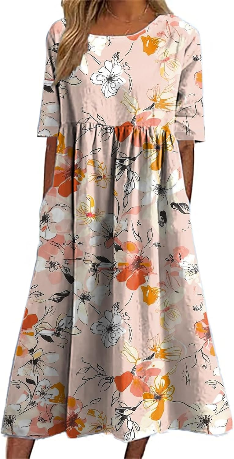 Boho Dresses for Women 2025 Floral Hawaiian Casual Summer Empire Waist Short Sleeve Crewneck A Line Maxi Dress