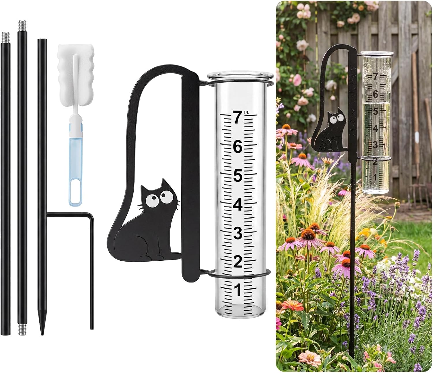 Konohan Cat Rain Gauge Outdoor 7 Inch Plastic Rain Gauge Outdoors Best Rated Freeze Proof Adjustable Height Rains Measuring Tool Easy to Read Accurate for Garden Yard Lawn Patio Farm Decor