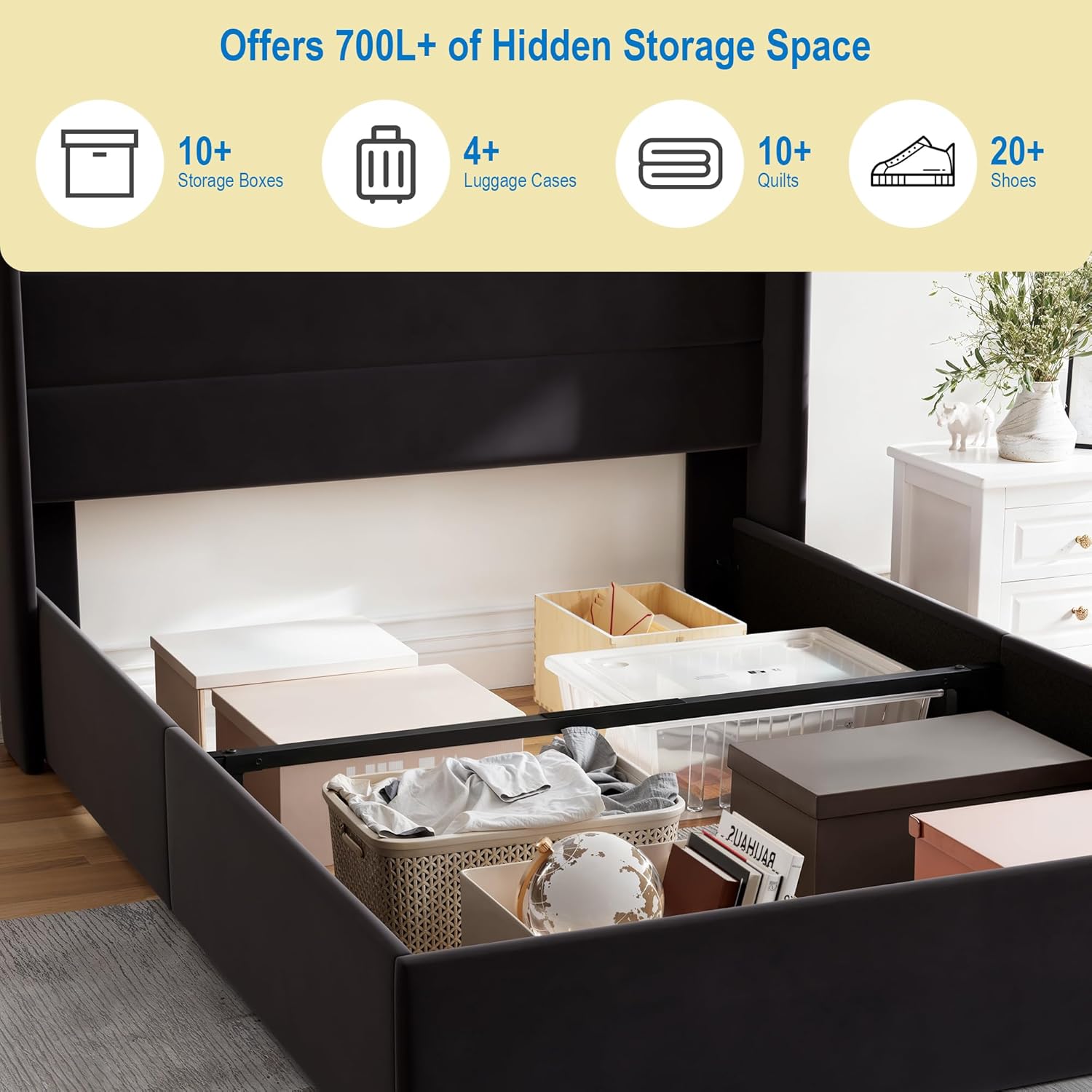 GOLDORO Full Size Upholstered Platform Bed Frame with Lift-Up Storage, Wingback Headboard, Hydraulic Lift Support, No Box Spring Needed, Black
