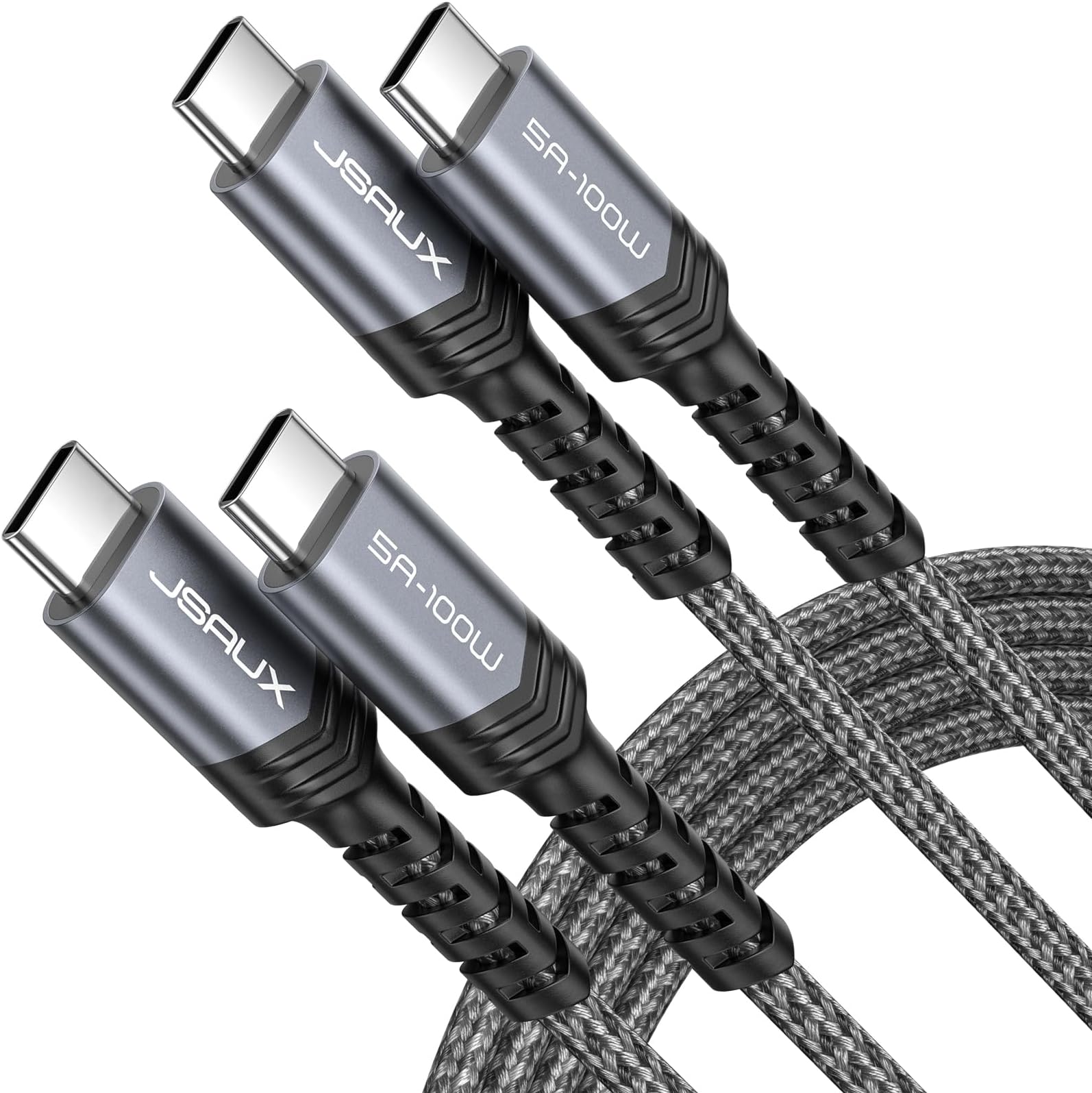 JSAUX 100W USB C to USB C Cable (2-Pack, 2 m), USBC Type-C Charge Lead 5A Fast Charging Compatible with iPhone 16e 16 15 Plus Pro Max Samsung Galaxy S25 S24 MacBook iPad Air Pro Carplay Grey