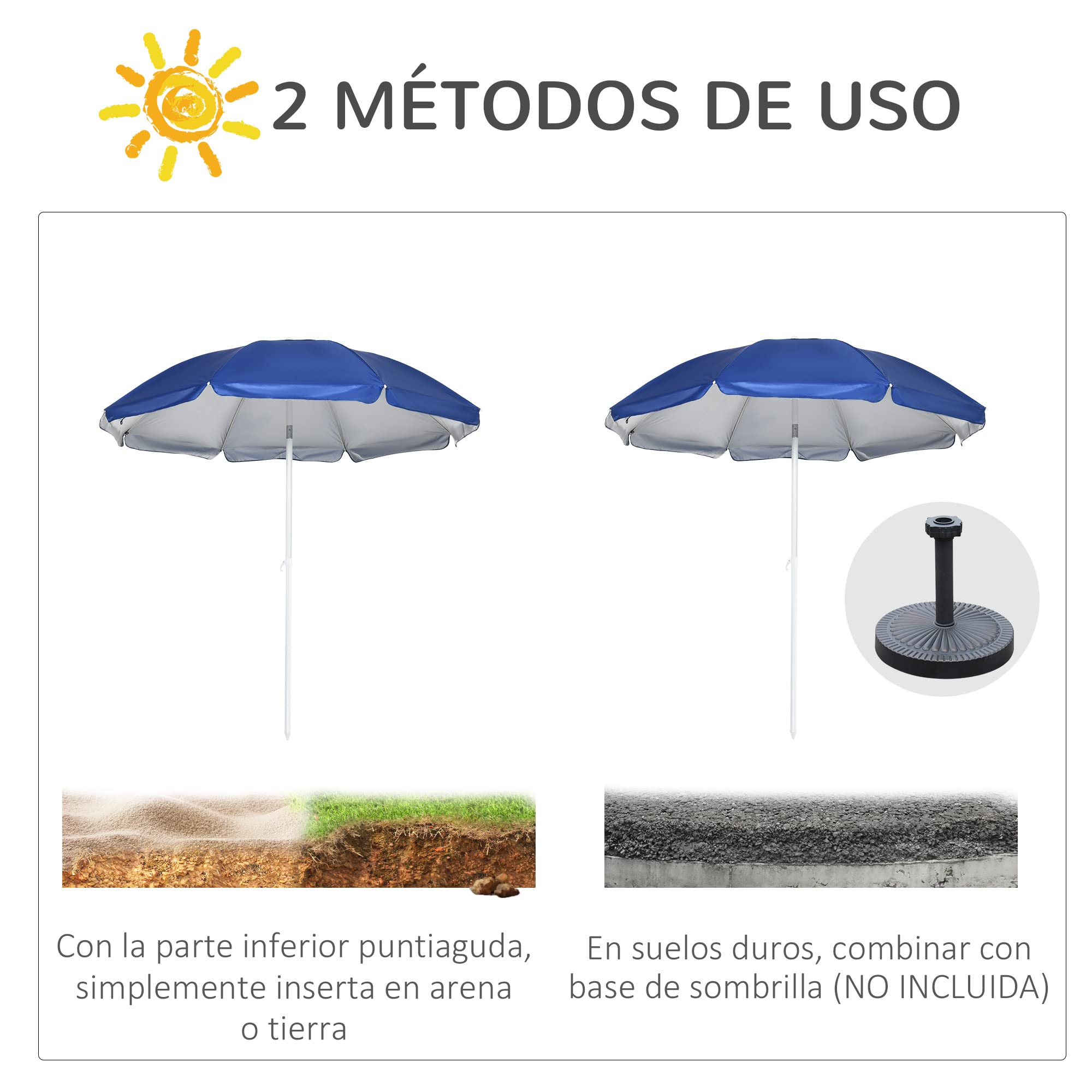 Outsunny Sombrilla de Playa con Panel Lateral Parasol Ø191x211 cm Azul | para Terraza, Manivela Manual, Techo Inclinable, 2 Bolsillos, 2 Ventanas, para Jardín Piscina