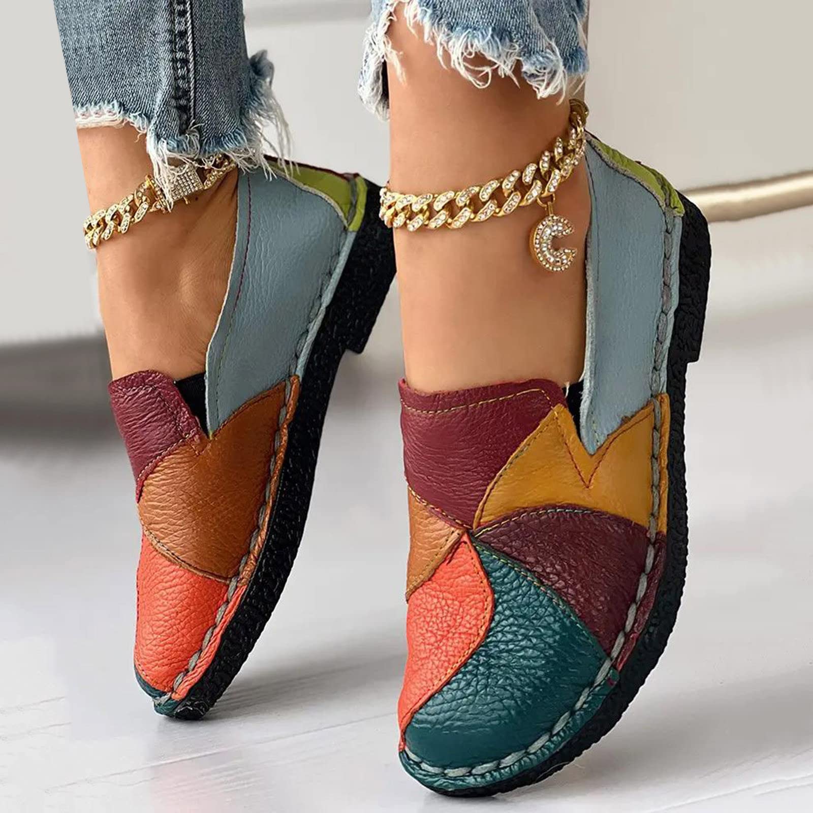 Zapatos de maternidad para mujer, de piel, planos, para caminar, ligeros, transpirables, de tela, para el día a día, patchwork