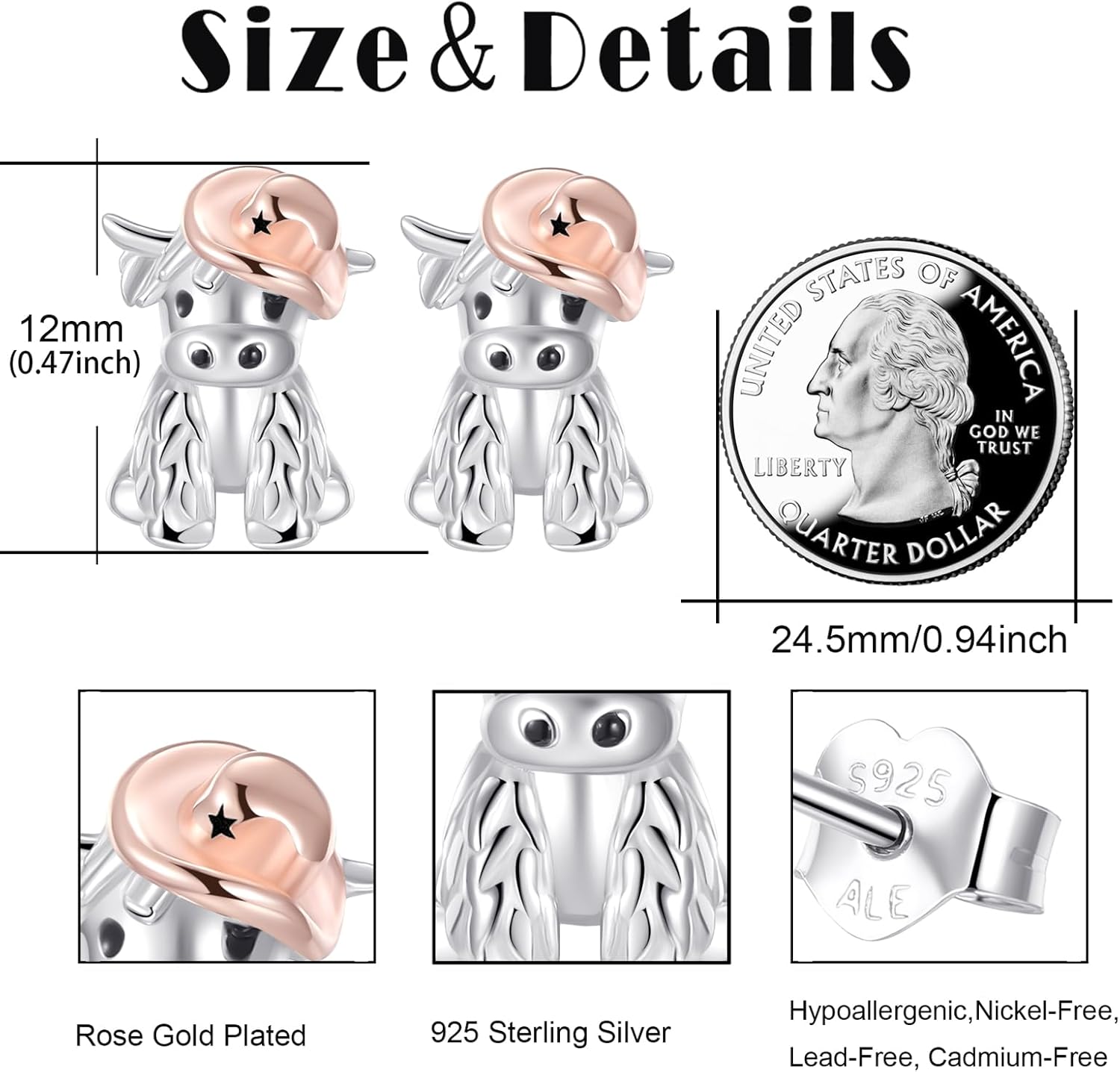 Highland Cow Earrings 925 Sterling Silver Cowgirl Cowboy Hat Earrings Cute Animal Stud Western Jewelry Scottish Highland Cow Gifts for Women