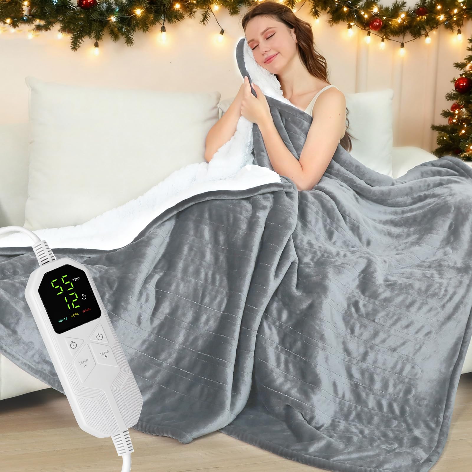 Warmfay Couverture chauffante électrique en flanelle avec arrêt automatique, 180 × 130 cm, 8 niveaux de chauffage et minuterie de 6 heures, protection contre la surchauffe, lavable, pour lit et canapé