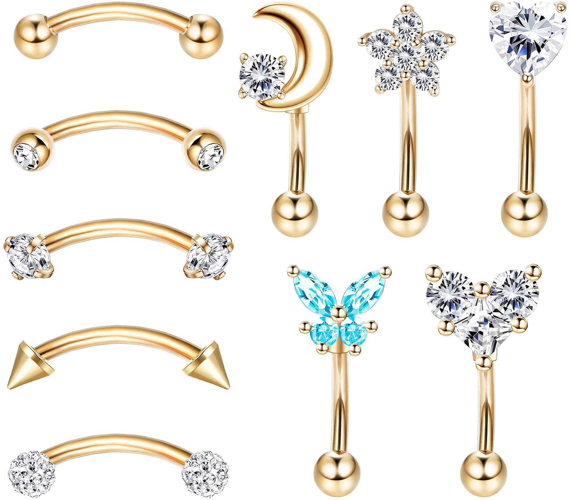 LOLIAS 10Pcs 16G Rook Daith Pendientes para Mujeres Anillo de Labio del Vientre De Acero Inoxidable Cartílago Tragus CZ Body Piercing Curved Barbell Ceja Anillos 6-8 mm