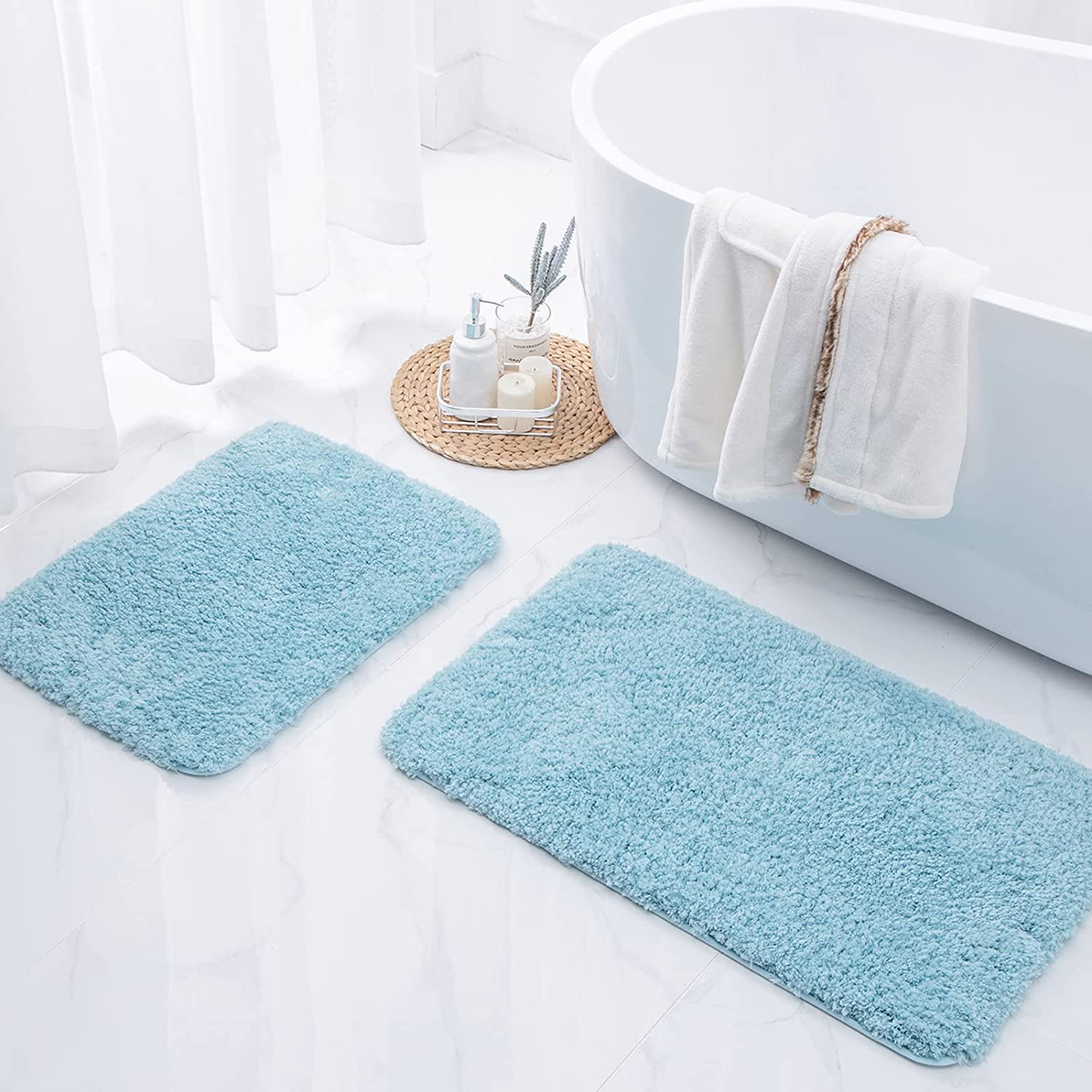 THMINS 2 pcs Bathroom Rug 60x40cm，80x50 cm White Bath Mat Shower Shaggy Floors Extra Thick Super Soft Best Absorbent Perfect Absorbant Plush Door Mat Mirofiber Carpet Gentsing