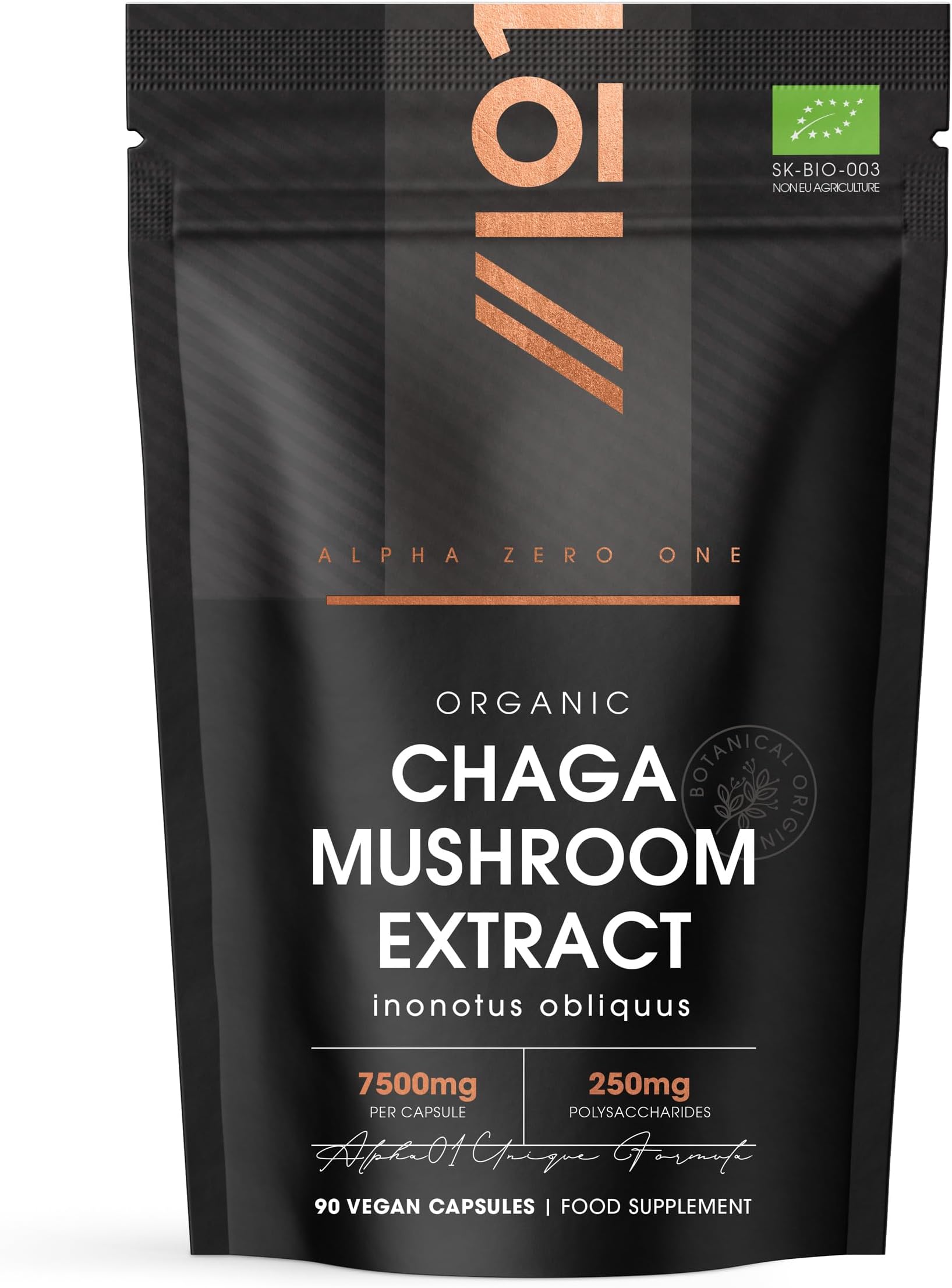 Organic Chaga Mushroom Capsules 7500mg – 50% Polysaccharides (250mg) - 90 Vegan Capsules (3 Months Supply) Resealable and Recyclable Pouch - By Alpha01