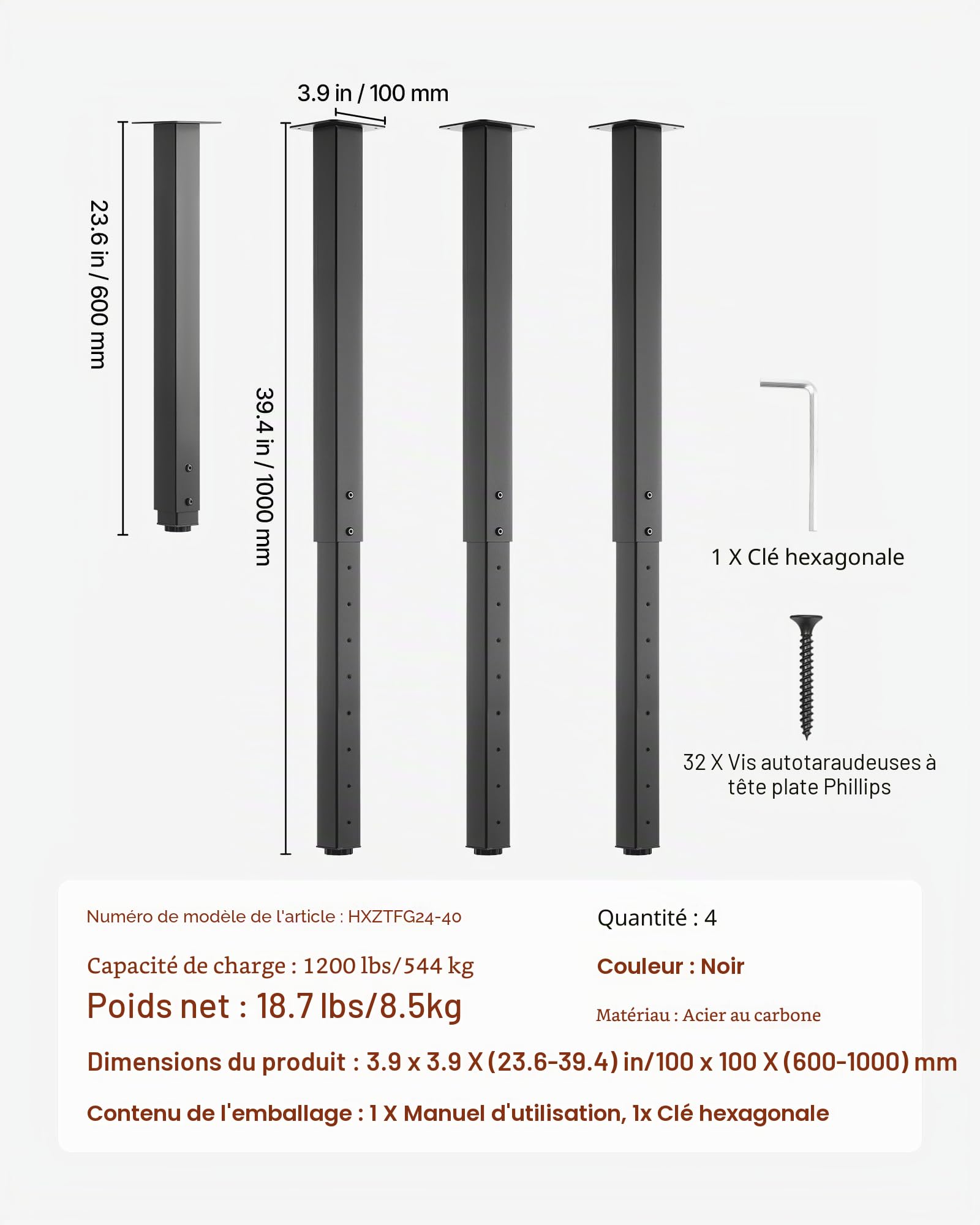 VEVOR Pieds de Table Réglables en Hauteur 610-1016 mm Lot de 4, Pieds de Bureau, Tubes Carrés en Acier au Carbone, Charge Max. 544 kg pour Bureau, Table à Manger, Établi et Table de Bar, DIY, Noir