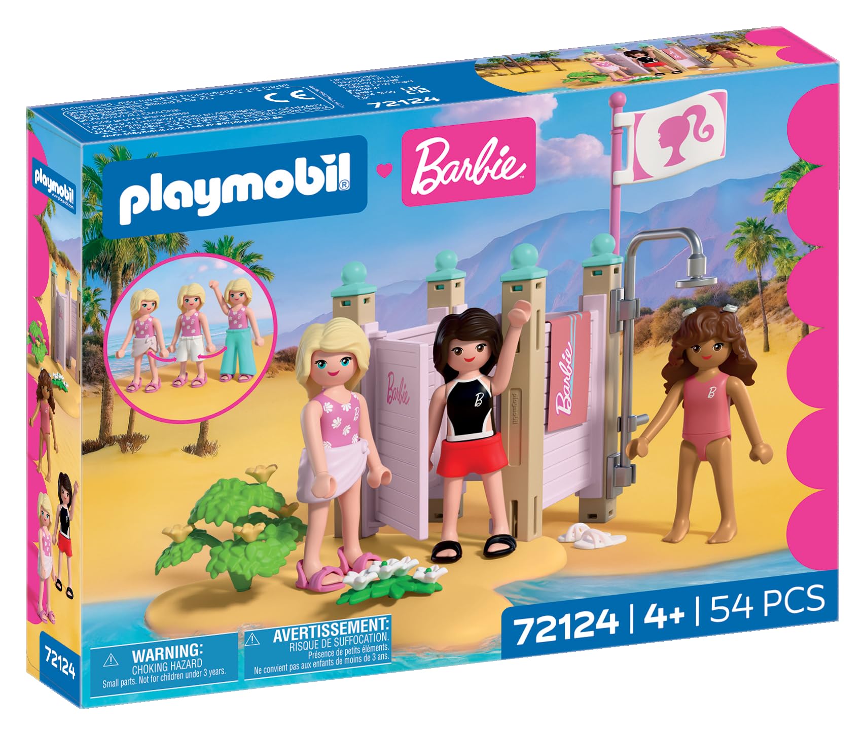 Playmobil Barbie Mode de Plage, Cabine de Change et Douche avec Barbie, Teresa et Renee, Favorise Le Jeu de rôle et la créativité, pour Enfants à partir de 4 Ans, 72124