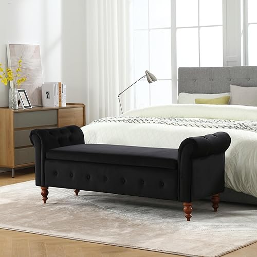 Miniatura 4 de Banco de almacenamiento para dormitorio, banco de pie de cama, tamaño King, largo y moderno tapizado de terciopelo, bancos otomanos con brazo para