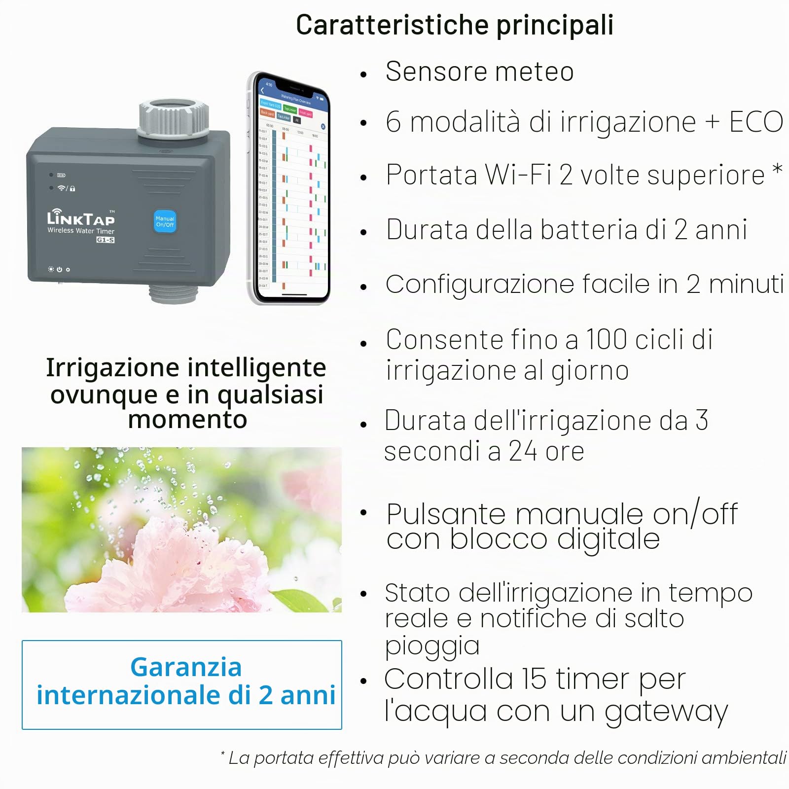 LinkTap G1S Computer per Irrigazione Intelligente - Richiede Gateway - Programmatore di Irrigazione con Smart App, Riconosce Le Condizioni Meteo, Accesso Remoto, 2 Anni di Durata della Batteria, IP66 | Programmatore Smart Auto da Rubinetto per Giardino, P
