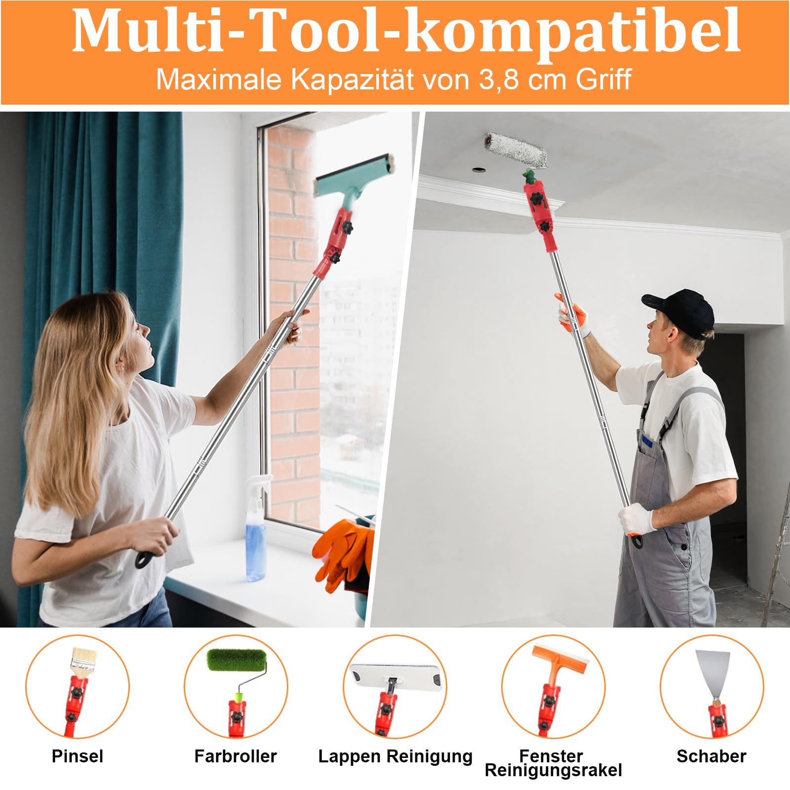 Mehrwinkel Pinsel Verlängerung mit 2 Farbpinseln, Farbpinsel Verlängerung, Multi Angle Paint Brush Extender, Einziehbare Verlängerungsstange für Wände, Decken & Ecken