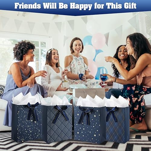 Miniatura 7 de Paquete de 4 Bolsas de Regalo Grandes de 13" Surtidas Premium Azules con Papel de Seda para Cumpleaños, Baby Shower, Bodas, Obsequios de Fiesta,