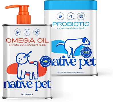 Native Pet Omega Oil for Dogs 16 Oz. & Probiotic for Dogs 60 Scoops - Omega 3 Fish Oil for Healthy Skin, Shiny Coat, Strong Joints - Vet Created Probiotic Powder for Digestive Health & Immunity