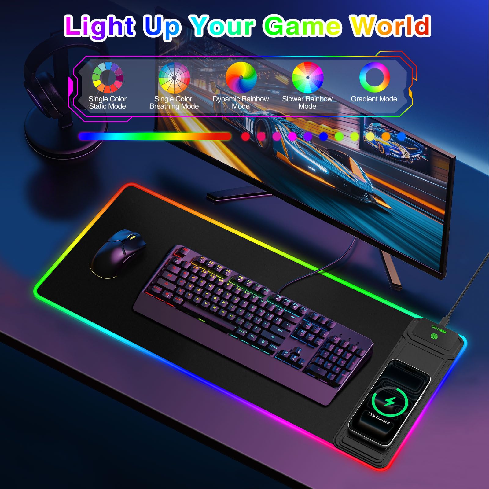 Tappetino per mouse da gioco XXL RGB LED con ricarica wireless magnetica e supporto pieghevole per telefono, 80 x 30 cm, tappetino da scrivania ultra liscio, 25 effetti di luce, base antiscivolo