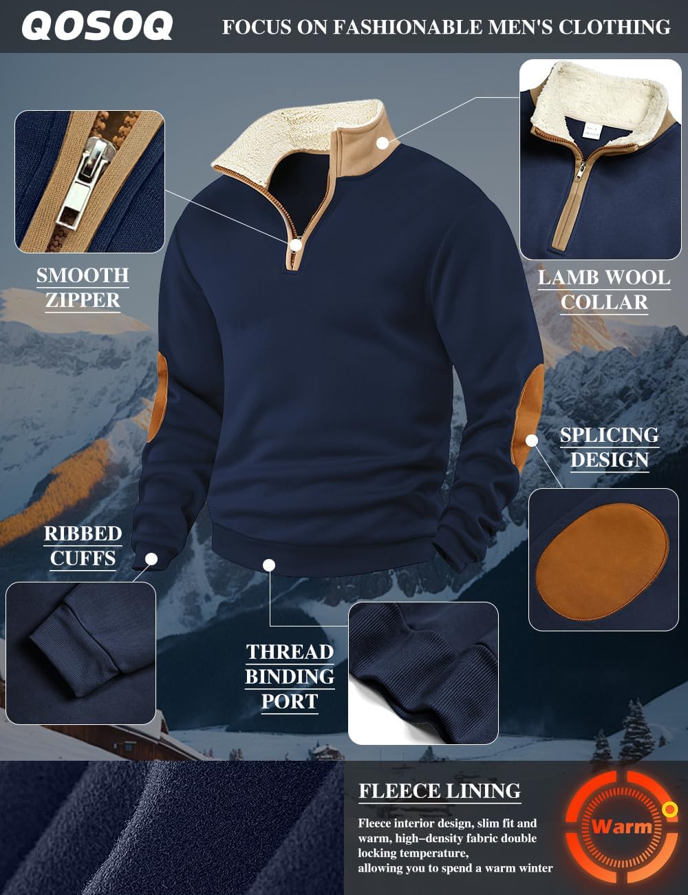 Men's Fleece Sweatshirts Vintage Quarter Zip Pullover shirt Casual Long Sleeve Sweatshirt warm tops - Image 6