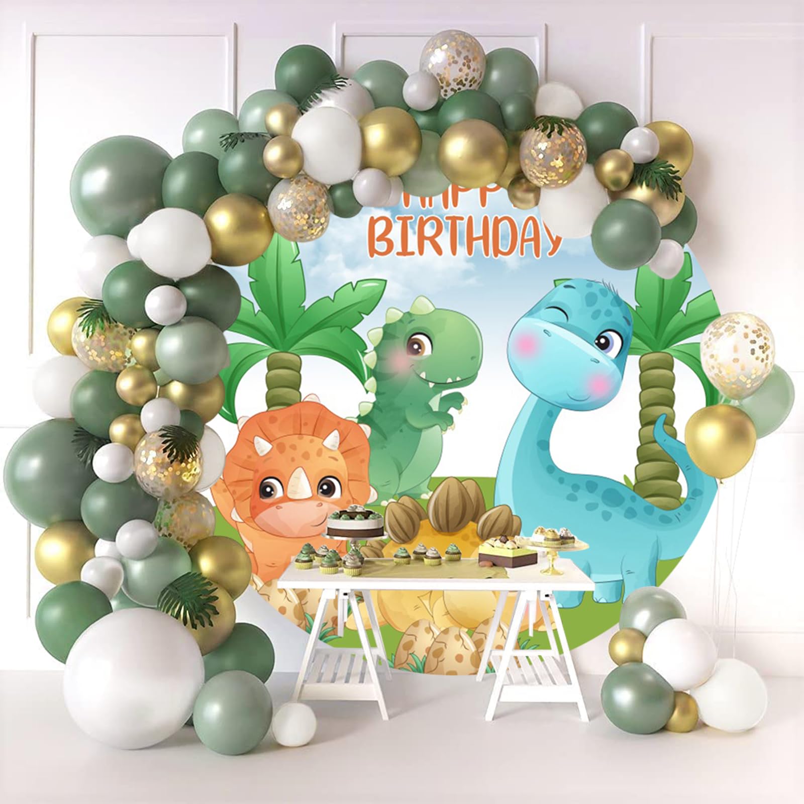 Sfondo Carino Dinosauro 200cm Buon Compleanno Cartone Animato Rotondo per Fotografia Acquerello Cocco Albero Uovo Fotografia Studio Prop
