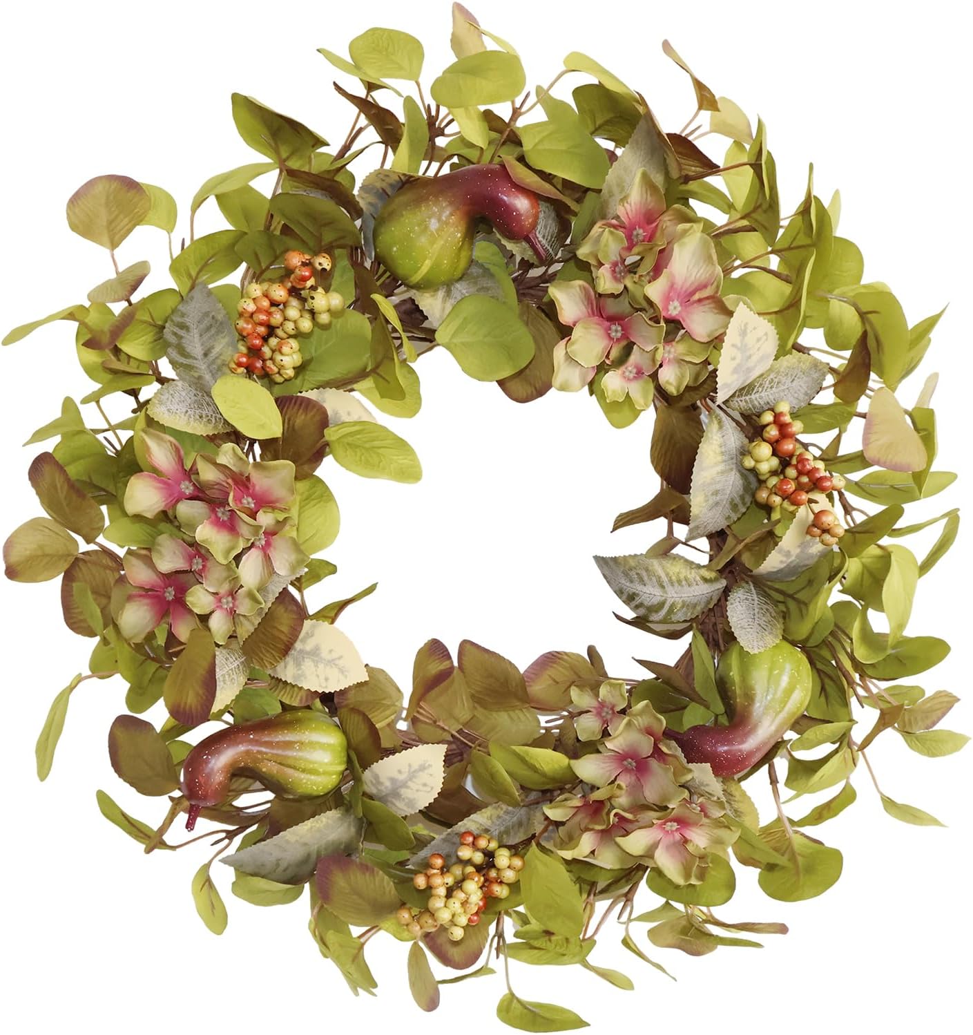 18 Inch Hydrangea Fall Wreath with 3 Pumpkins and 3 Berry Clusters