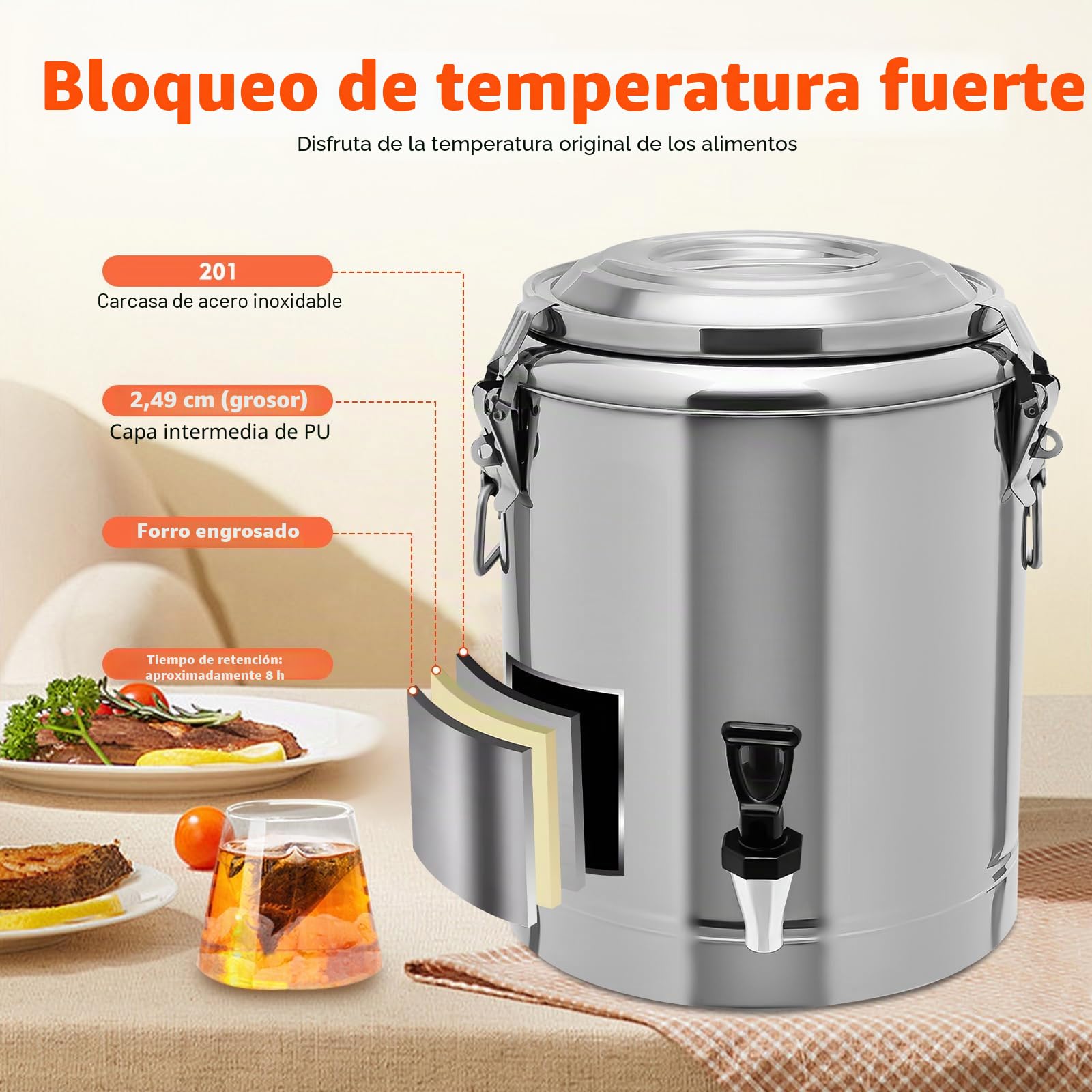 Recipiente térmico de acero inoxidable de 20 litros, dispensador de bebidas, transportador de sopa aislado con tapa para comedores escolares, restaurantes, fiestas, picnics al aire libre y