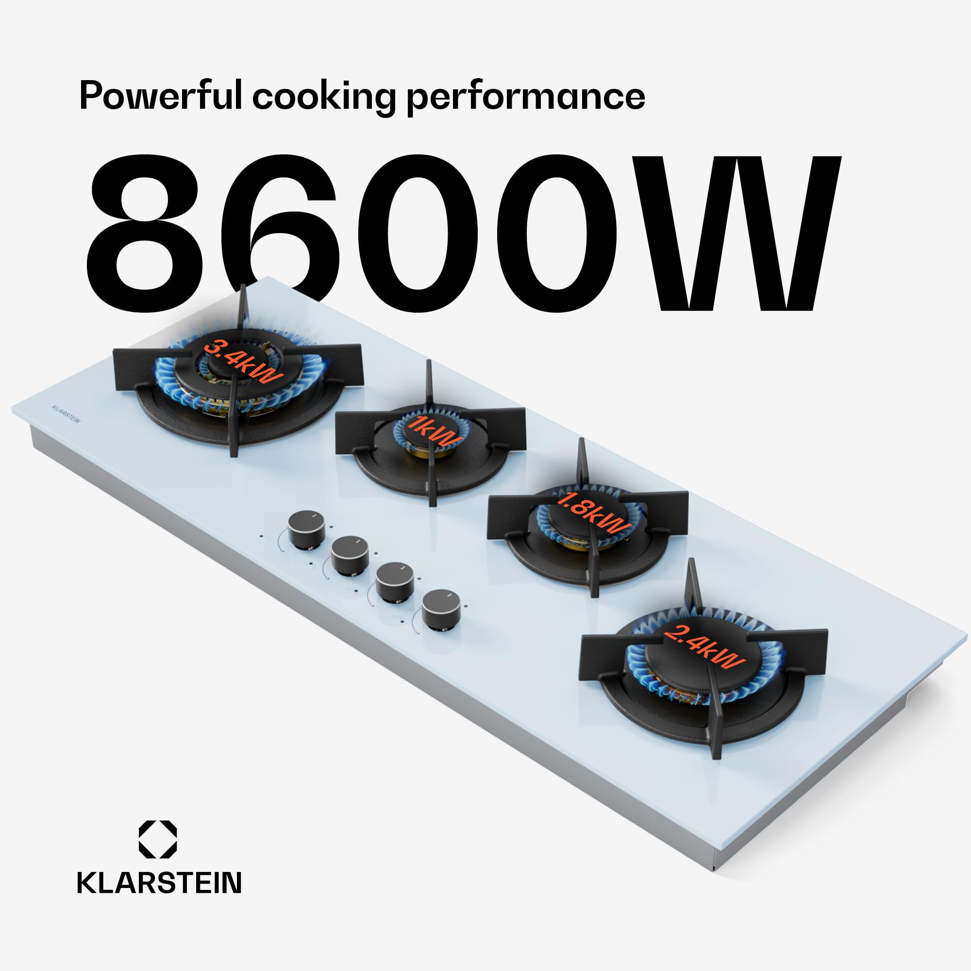 Klarstein Goldflame 4 Slim Płyta gazowa, 4 palniki mosiężne, 3,4kW, 2,4kW, 1,8kW, 1kW, Zapłon SnapJet, Zabezpieczenie przeciwwypływowe, Gaz płynny i ziemny, Biała, W zestawie wąż i reduktor