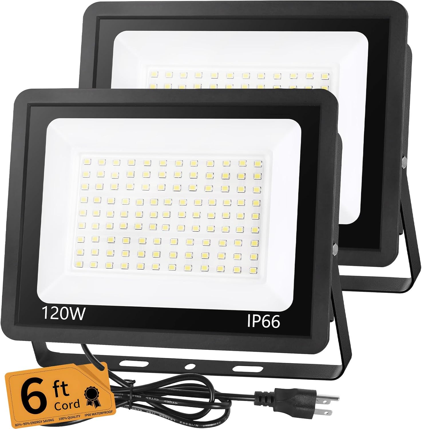 120W LED Flood Mild Outside with 6ft Plug, 14400LM Brighter Exterior Safety Lights, 5000K Daylight LED Work Mild, IP66 Waterproof for Yard, Storage, Stadium, Garden, 2 Pack
