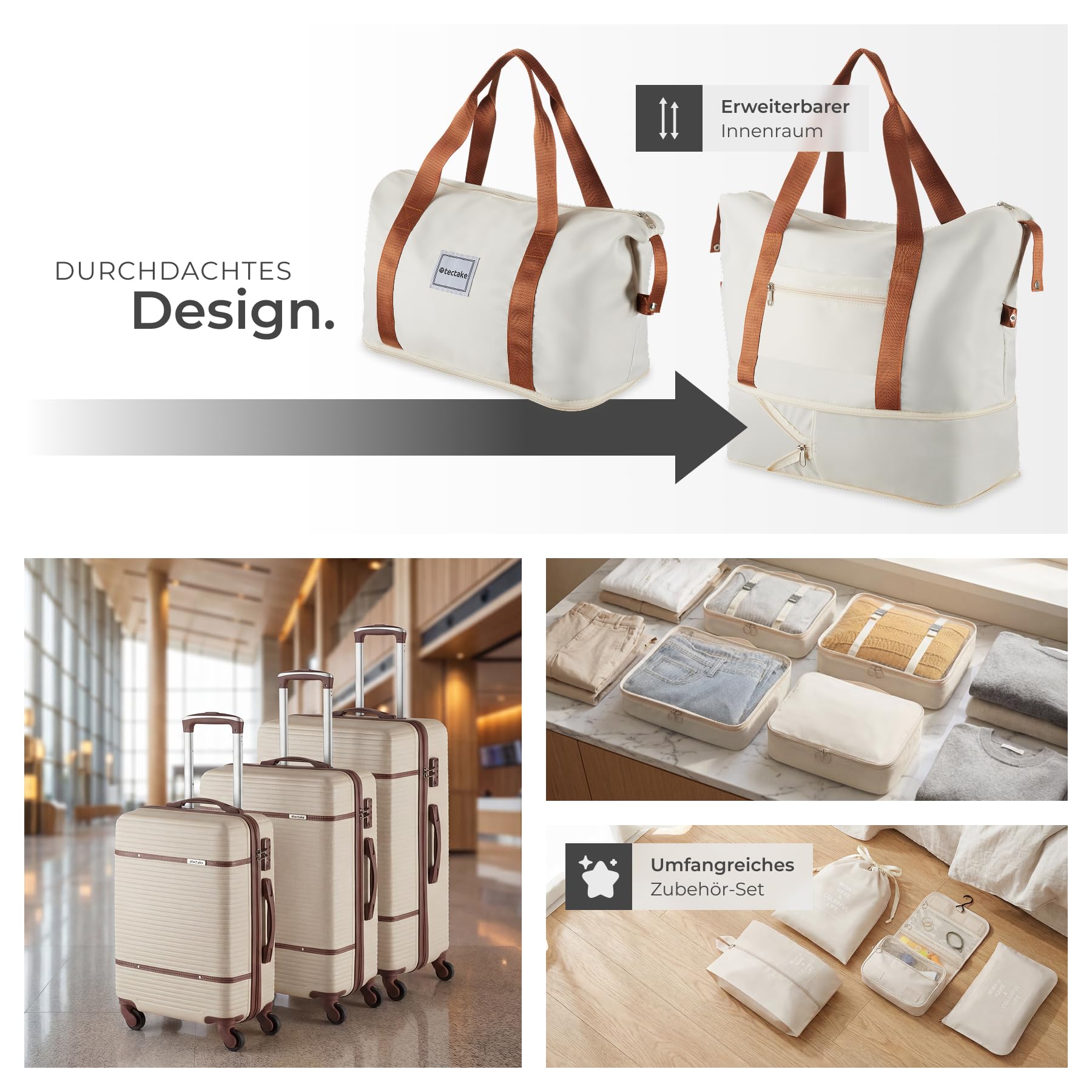 tectake® 13-TLG. Koffer Set mit Reisetasche, Koffer & Trolleys, Reisekoffer mit Rollen, Kofferset mit 3X Koffer groß und Tasche, Hartschalenkoffer mit TSA Schloss - Creme