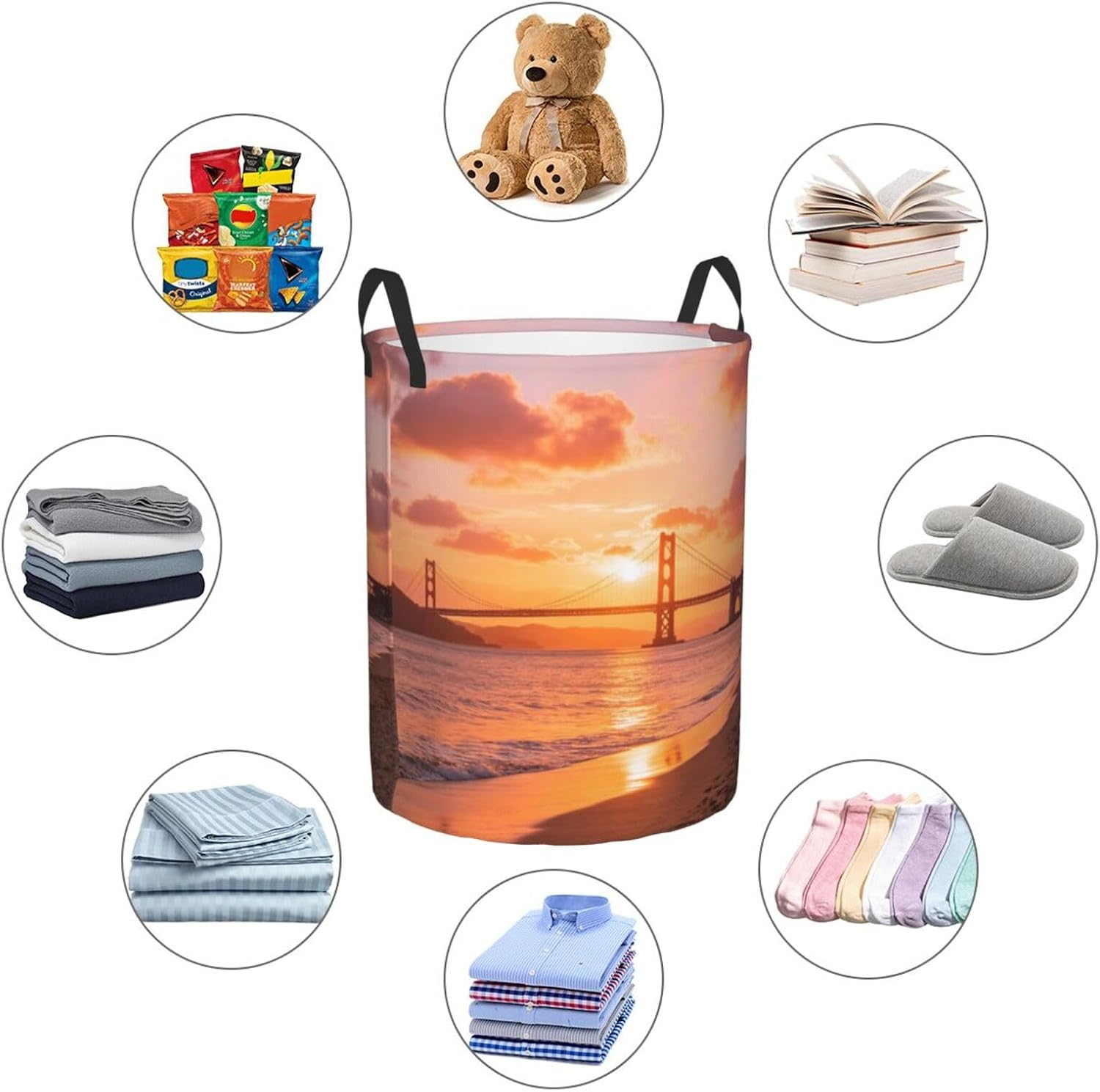 Laundry Hamper Waterproof Storage Bin Organizer with Handles Beach Sea Bridge Clouds Sunset Laundry Basket Collapsible Dirty Clothes Hamper for Bathroom Bedroom Small