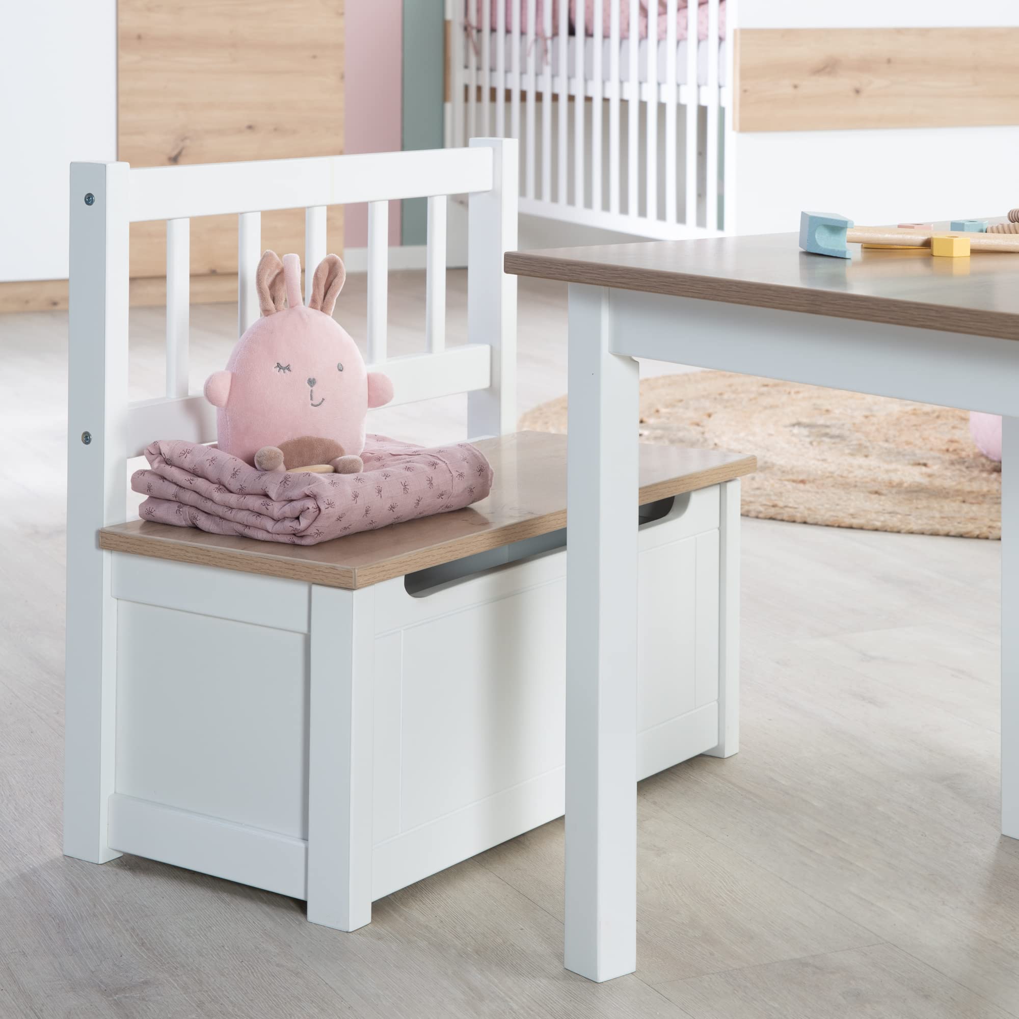 roba Banc-Coffre à Jouets Woody pour Enfant en Bois - Résistant aux Rayures - avec Charnière de Sécurité à Fermeture Douce - dès 18 Mois - Blanc/Aspect Bois