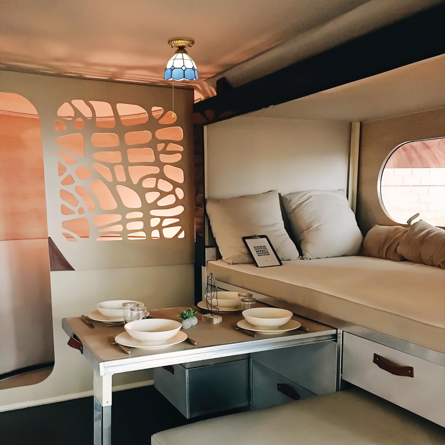 RV Geometry Light with Zipper Switch 12V RV Hallway Light Fixtures, E26 E27 Blue Cone Shape Stained Glass Semi Flush Mount Interior Lighting Decorative Ceiling for RV Camper