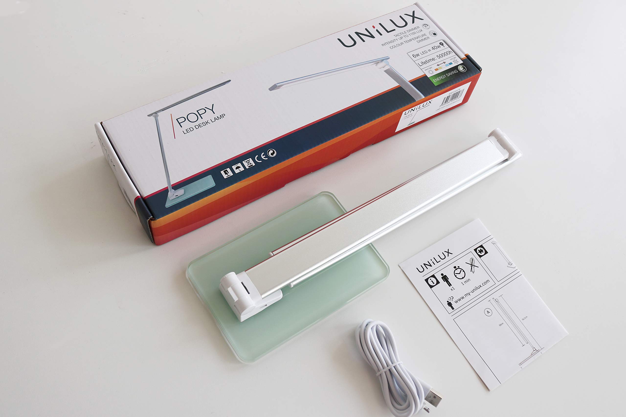 Unilux LED Schreibtischlampe Popy 6W Tischlampe mit Glassockel, dimmbar, USB-Anschluss für Büro, Smartphone Aufladung, weiß, 35 x 30 x 11cm