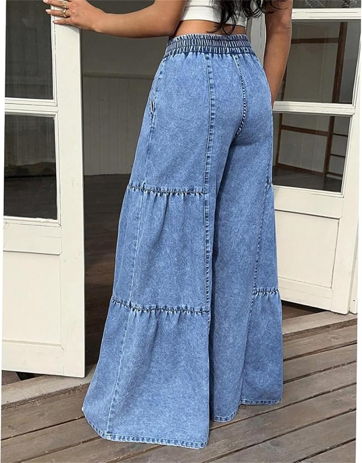Pantalon Palazzo Femme Jambe Large Jean Flowy en Denim à Volants à Niveaux Taille Haute avec Cordon Poches