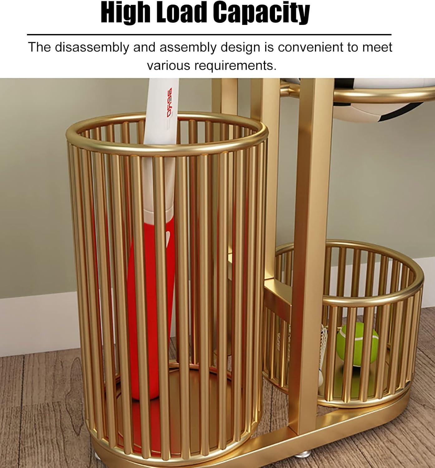 Ball Storage Rack Floor Standing Organizer Rack,Minimalist Ball Storage Stand with Basket,Sturdy Sports Gear Shelf for Baseball Bats Tennis Rackets Basketball (Color : Gold, Size : 120cm Tall)