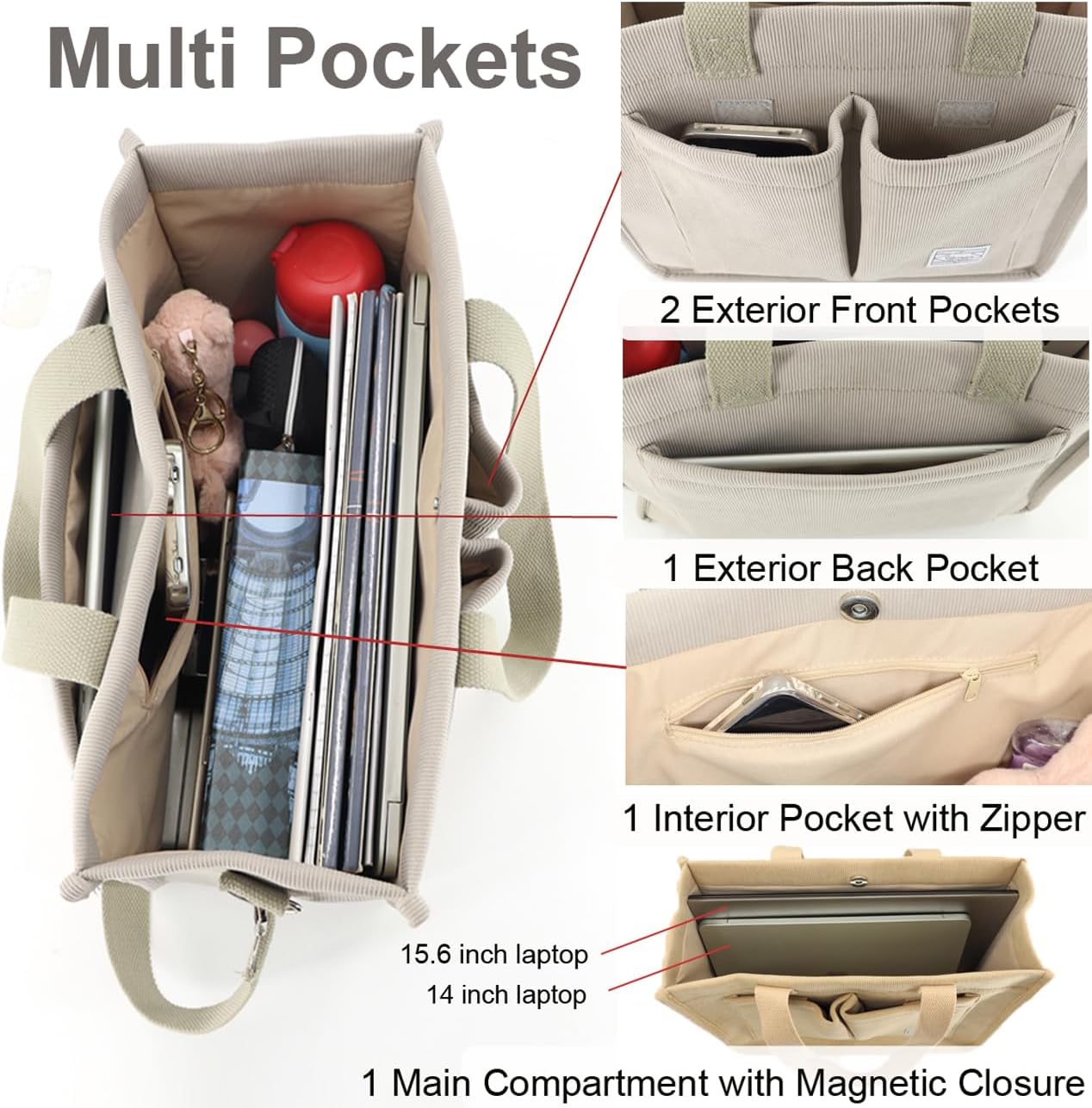 UERRUAM Tote Bag for Women with Pockets,Large Corduroy Crossbody Purse for Laptop,Work,College,Everyday,Travel - Image 5