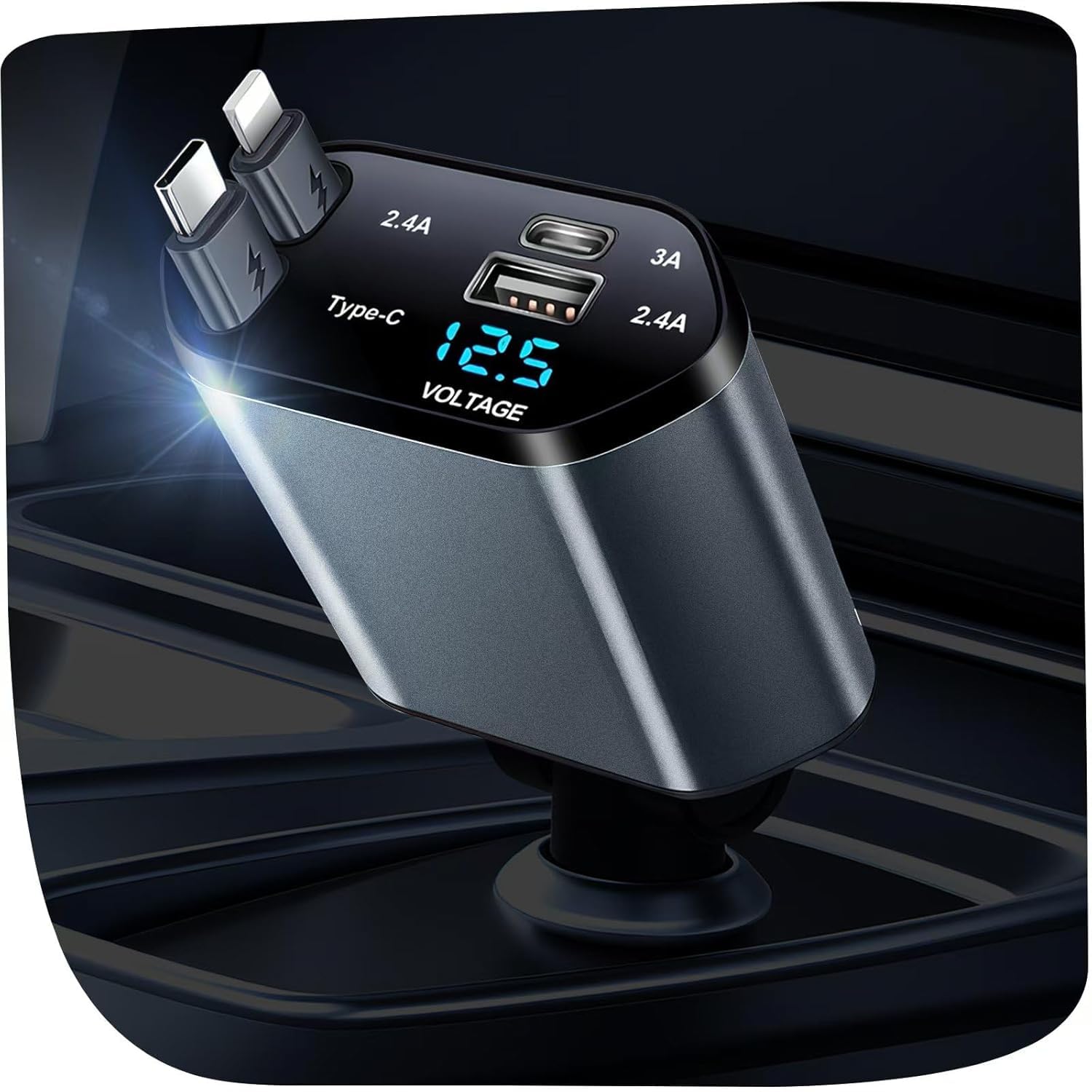 120W Fast Car Charger with Retractable Type-C Cable (80cm), 4-in-1 PD QC Car Adapter, Dual USB & Type-C Ports, 180° Rotatable with LED Voltage Display for All Smartphones & Tablets-image-33