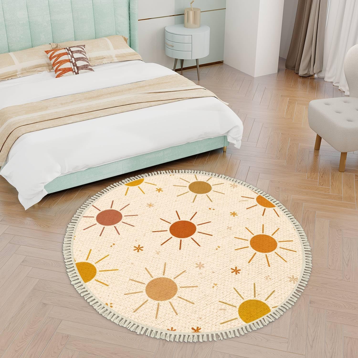 Round Boho Rug Sun only seamless Sunny dots summer baby print Earthy warm trendy Area Rug Linen Rug Carpet Patio Rug Hallway Runner Rug Mat Pad Minimalist Home Decor for Living Room Outdoor