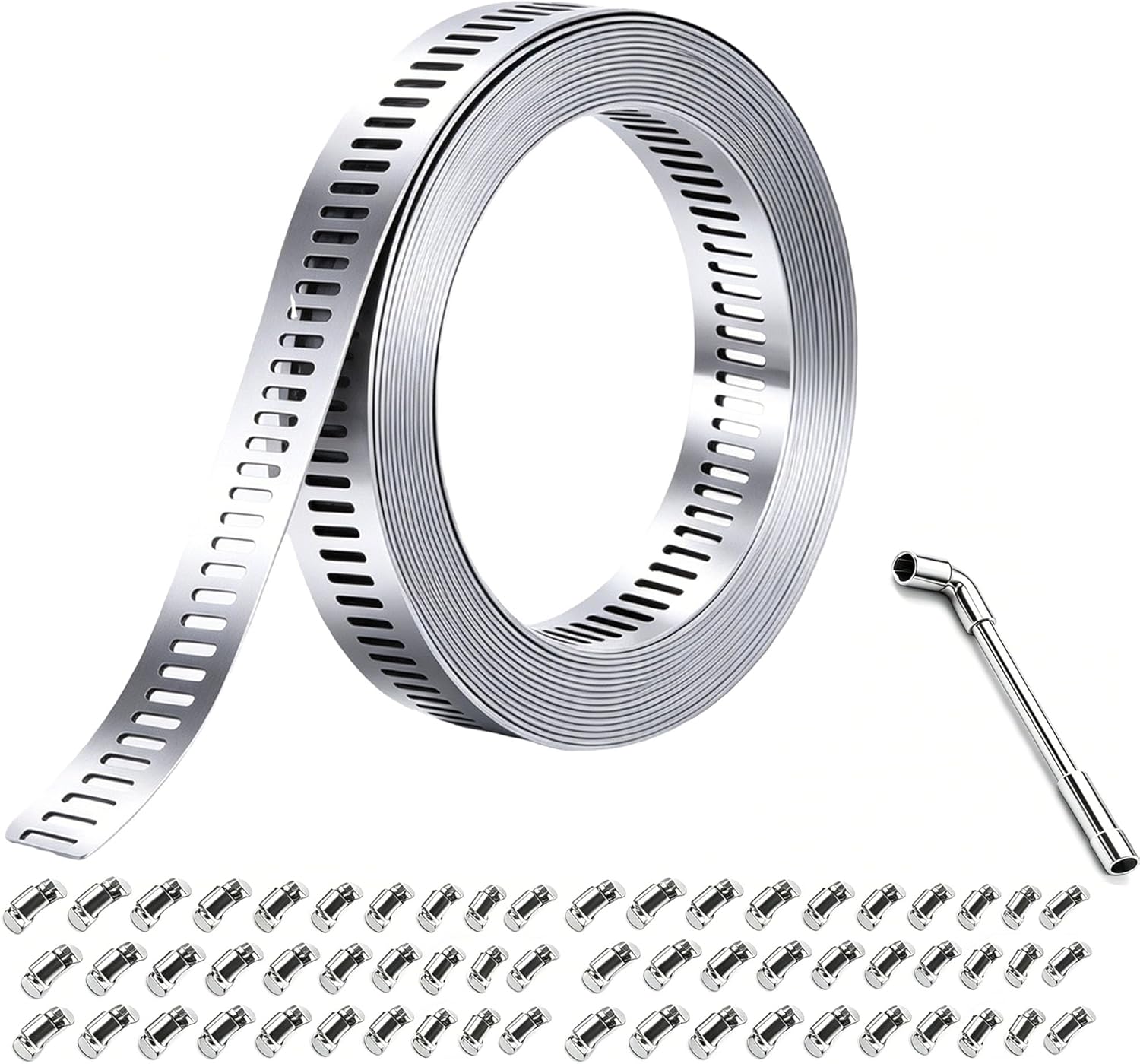 Large Hose Clamps 304 Stainless Steel Assortment Kit, Cut-To-Fit 150ft Metal Strap 60 Fasteners L Socket Wrench, Worm Gear Hose Duct Clamp, Band Screw Clamps For Auto,Hvac,Duct,Pipe,Fuel Line